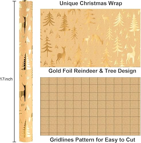 Miniatura 46 de Yarcony Papel kraft de regalo de Navidad, papel de regalo negro, árboles de Navidad de lujo, renos, copos de nieve, papel de estraza resistente