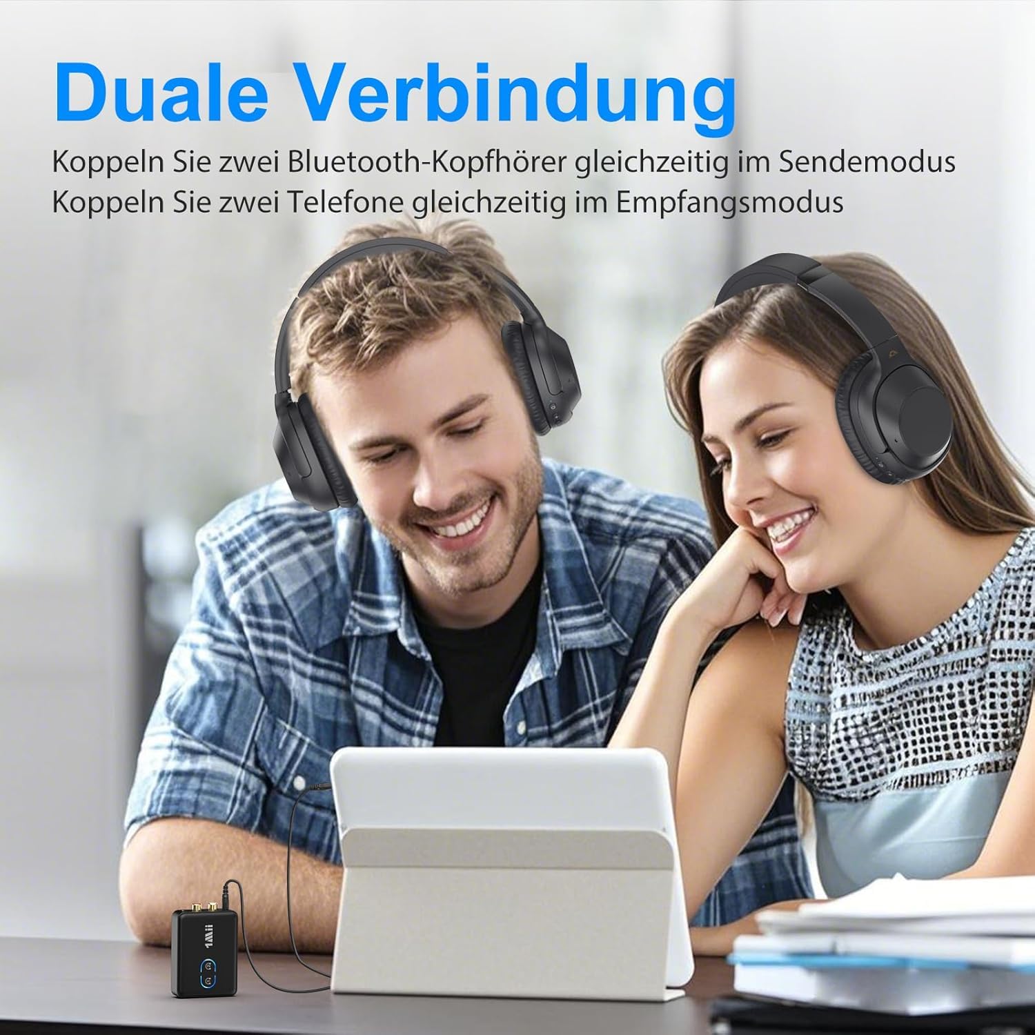 1Mii ML302+ Bluetooth 5.3 Sender Empfänger für TV & Stereoanlage, Audio Adapter mit aptX LL/HD/Adaptive, Dual Link für 2 Kopfhörer und Lautsprecher, AUX 3,5 mm RCA Cinch, 30 Std Akkulaufzeit