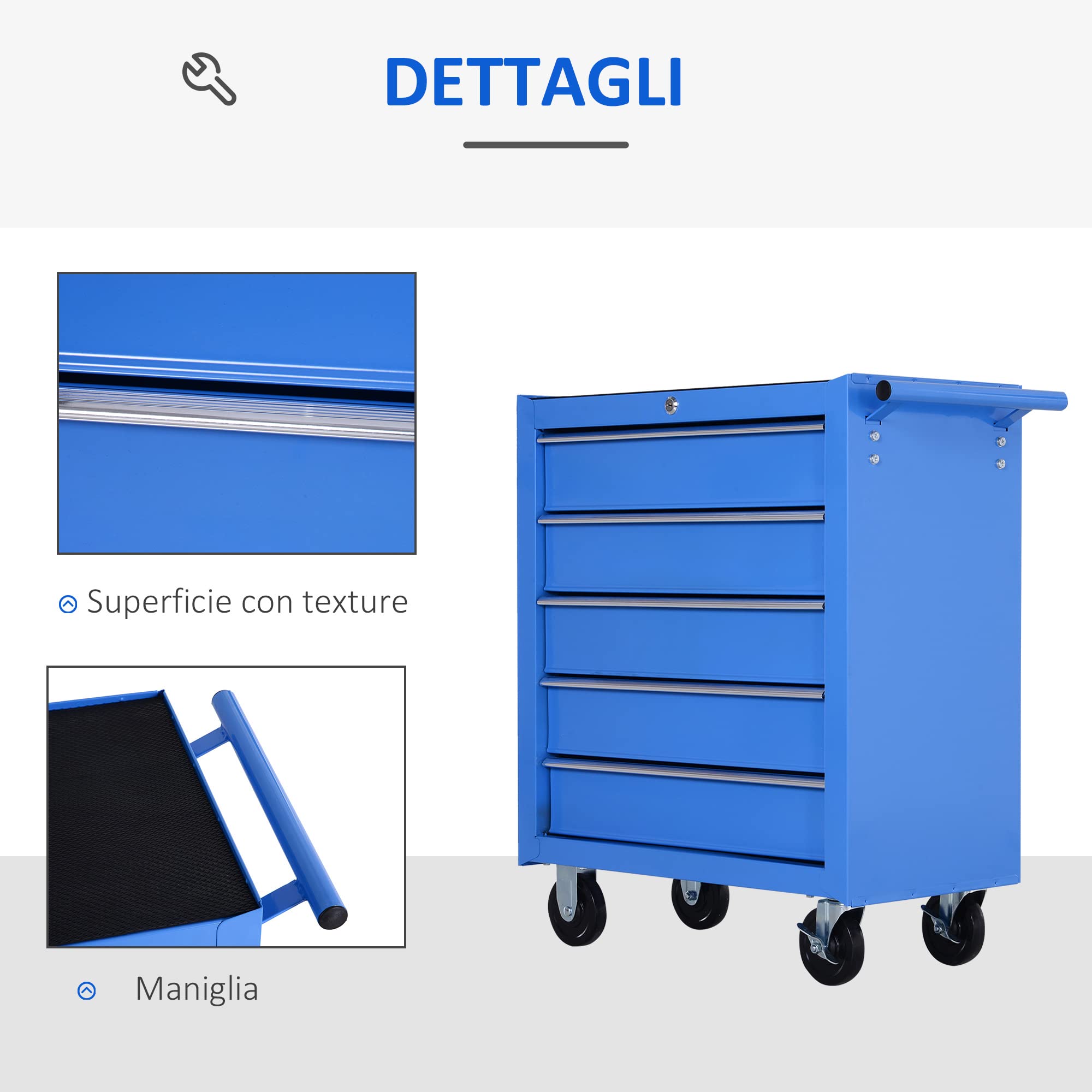 HOMCOM Carrello da Officina 5 Cassetti con Ruote in Metallo Blu 67.5x33x77cm