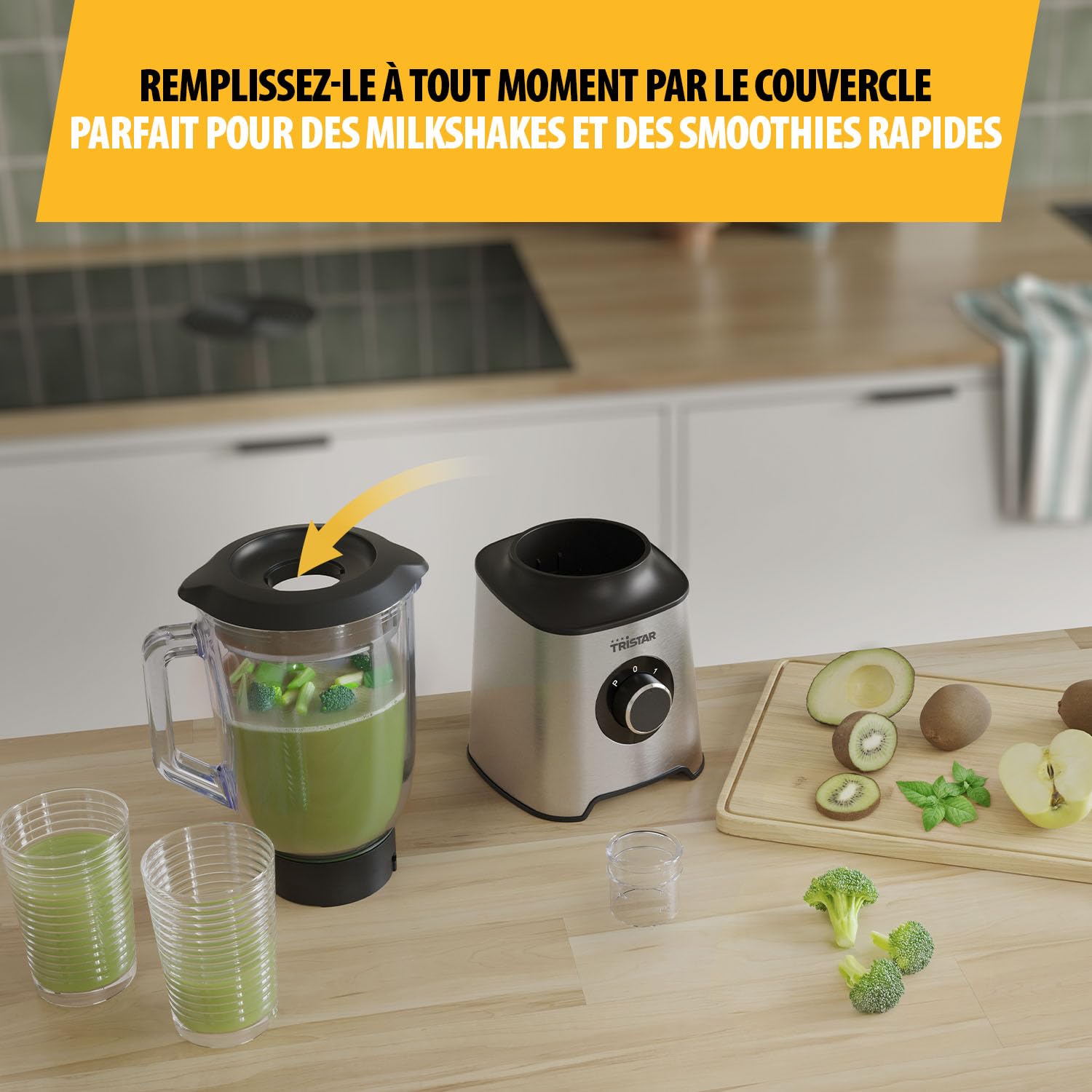 Tristar Blender de Table, Bol en Verre 1,5 L, Moteur 1000 W, Corps en Acier Inoxydable, 2 Vitesses, Facile à Nettoyer, BL-4489