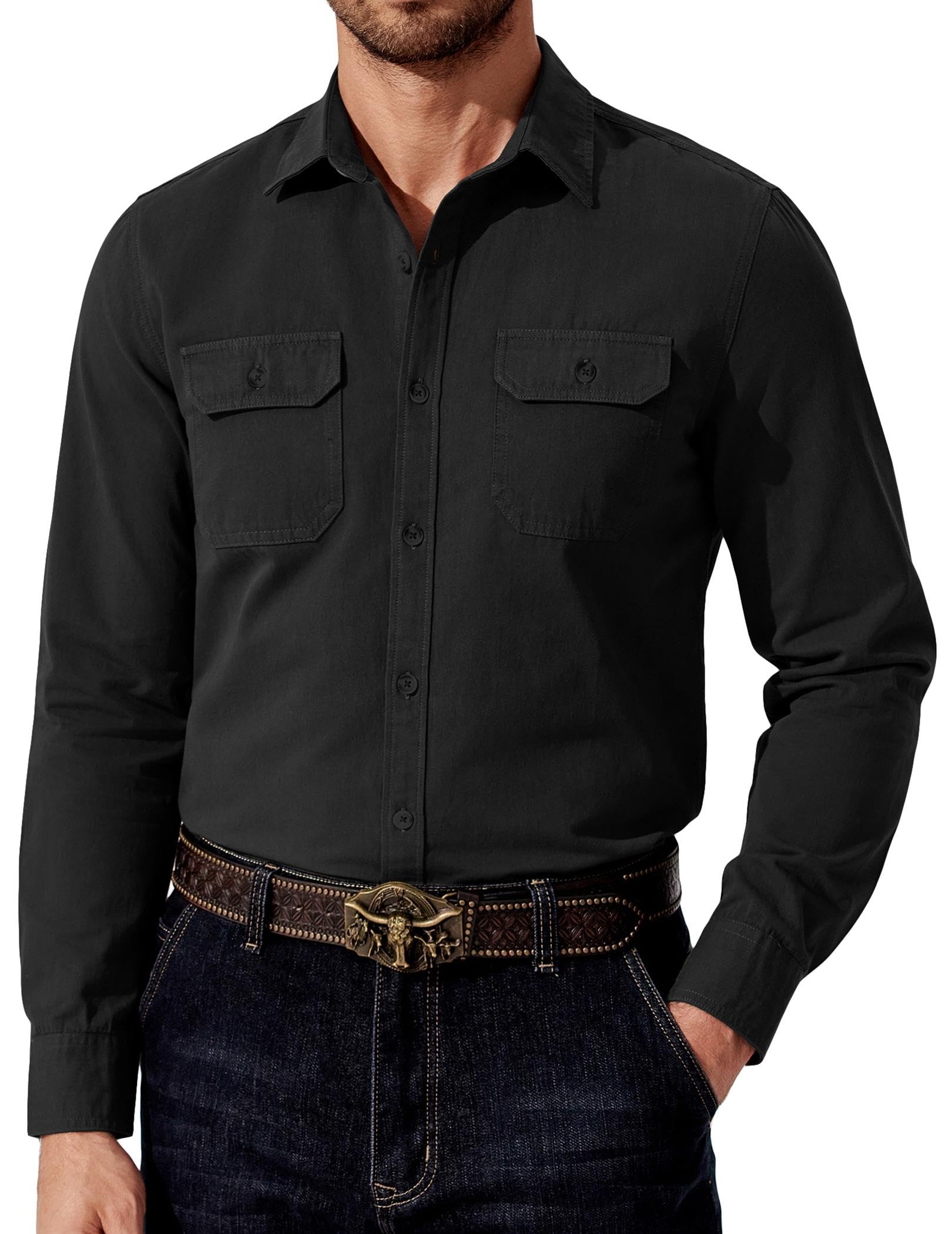 COOFANDY Mens Western Cowboy Shirt Long Sleeve Cotton Button Down Work Shirts with Pockets