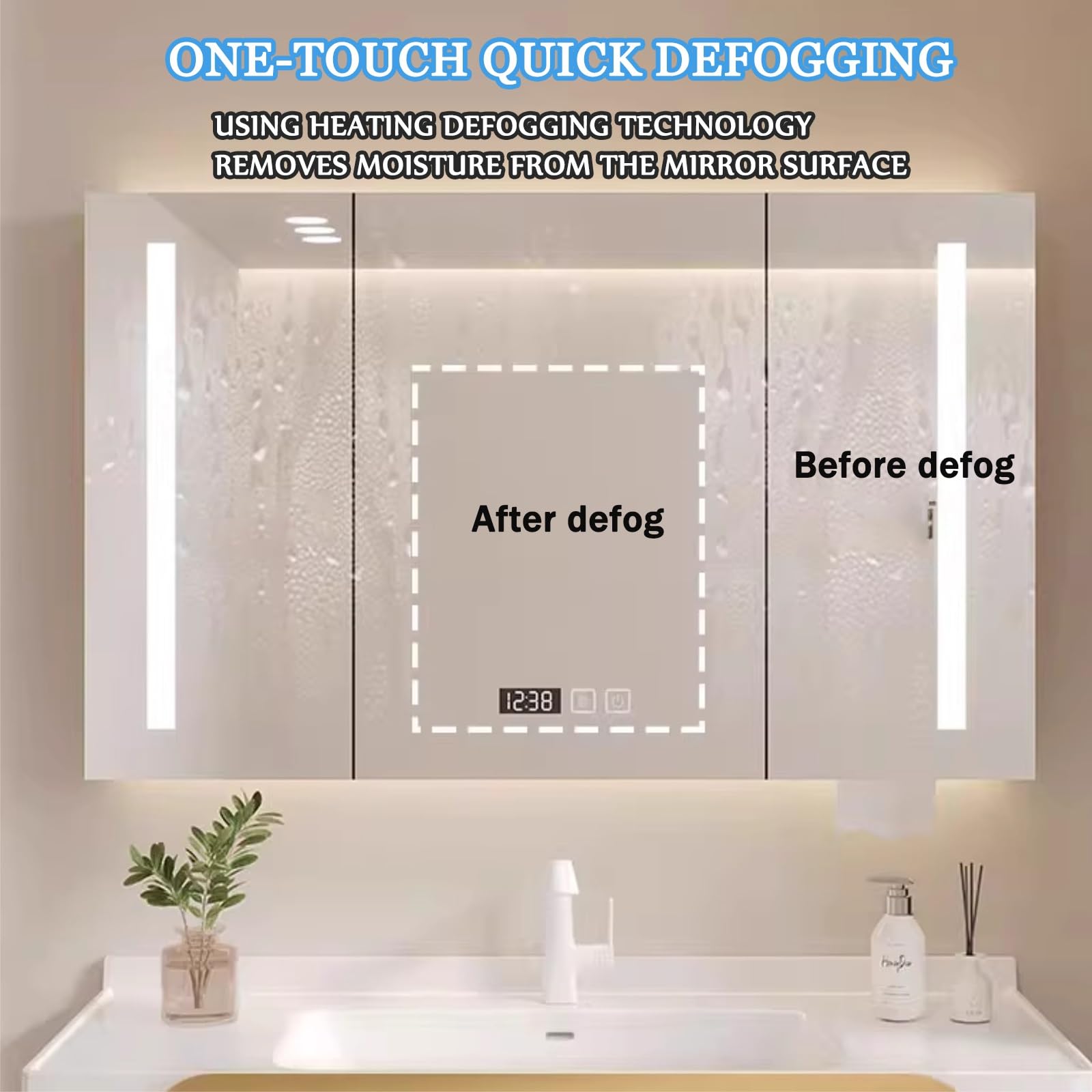 Armario de baño con espejo multifuncional montado en la pared, antivaho de un solo toque, resistente al agua y a la humedad, espejo de alta definición (negro, 78 x 70 cm)