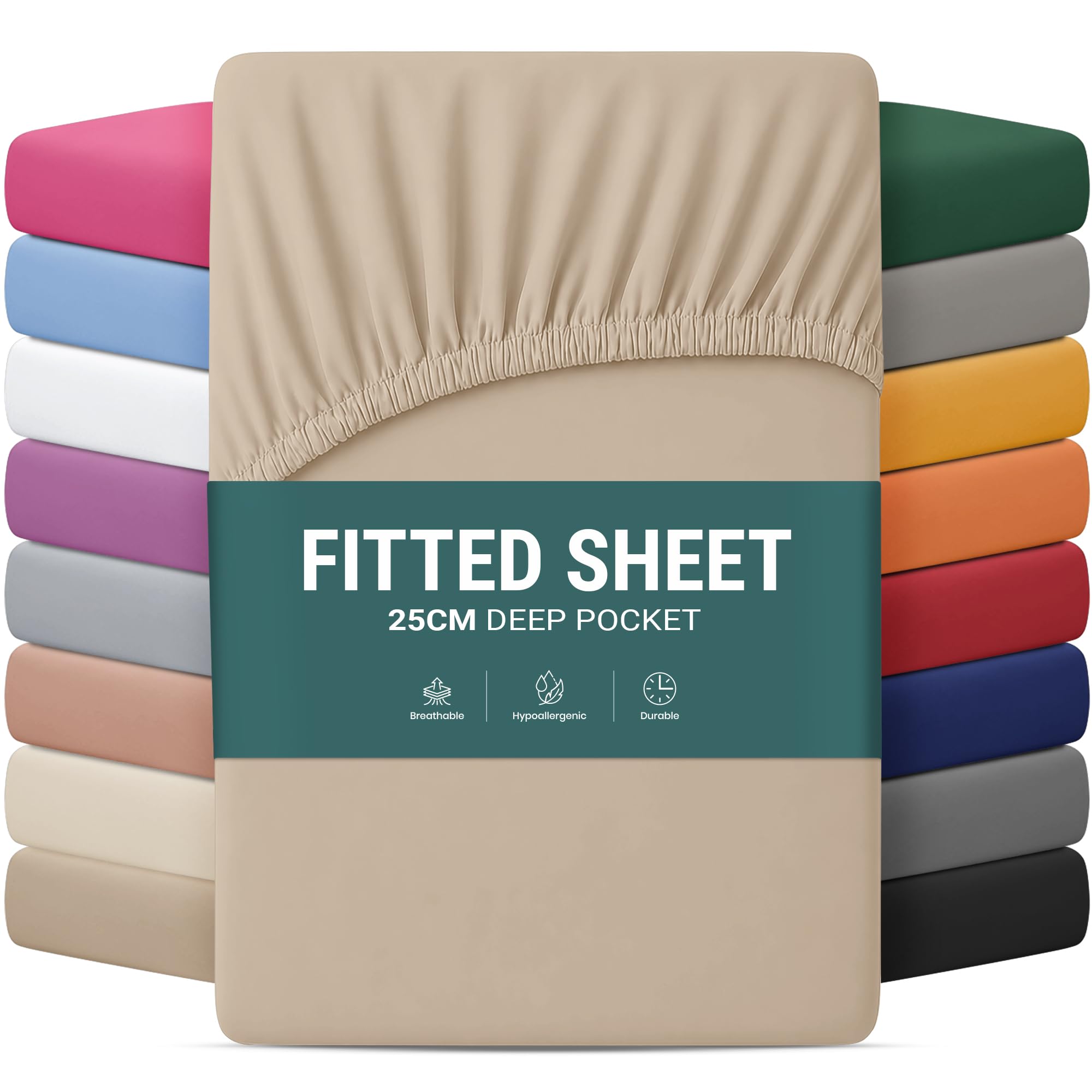 Yorkshire Bedding Beige Kingsize Fitted Bed Sheets 25 Cm Deep Bedsheets With Elastic Corners Soft Brushed Microfiber Fabric Breathable Shrinkage & Fade-Resistant