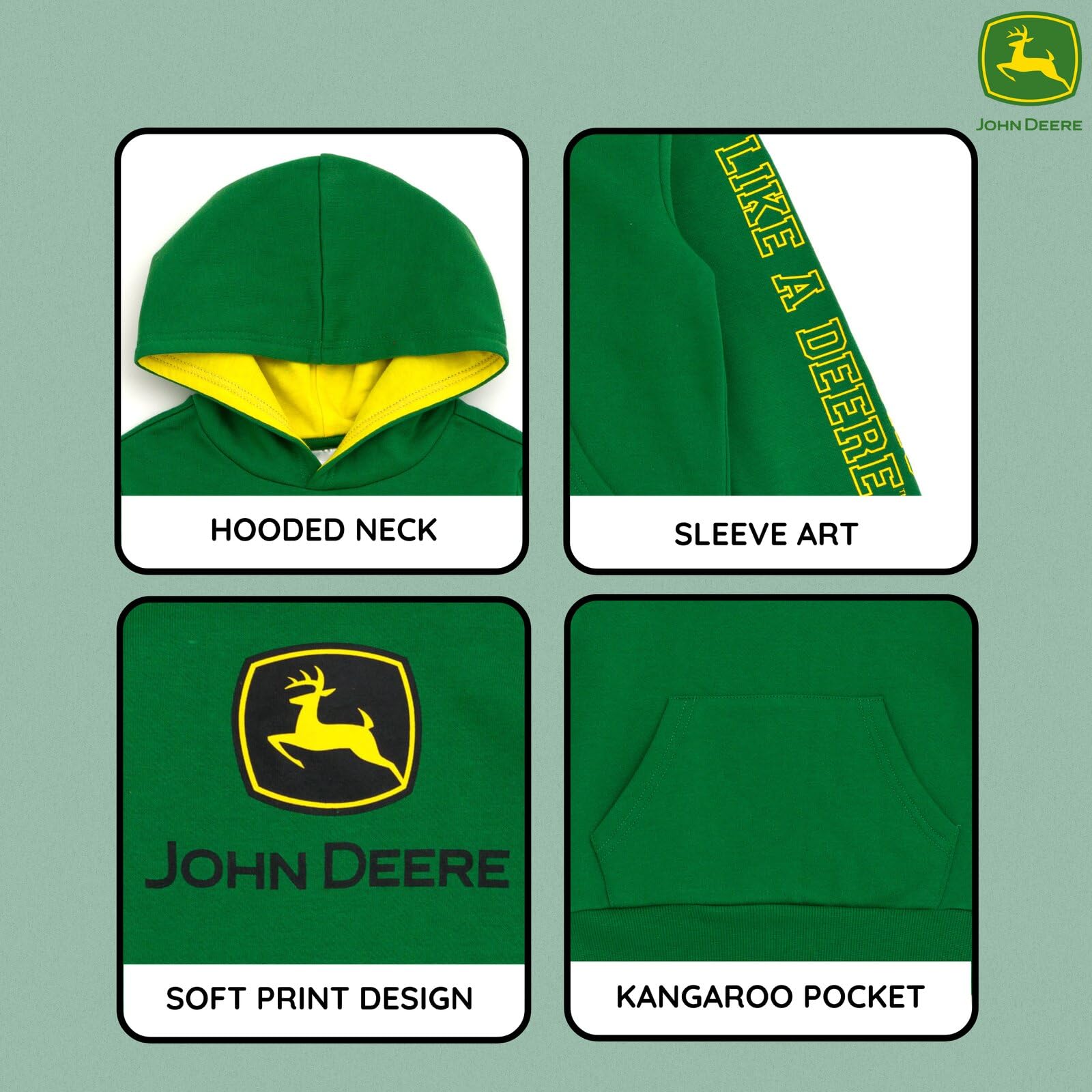 John Deere Felpa con cappuccio in pile con logo, da bambino a adulto, taglie (2T - 2XL)