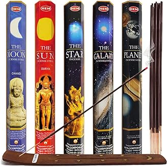 Hem Incense Sticks Variety Pack #1 and Incense Stick Holder Bundle with 5 Celestial Themed Fragrances