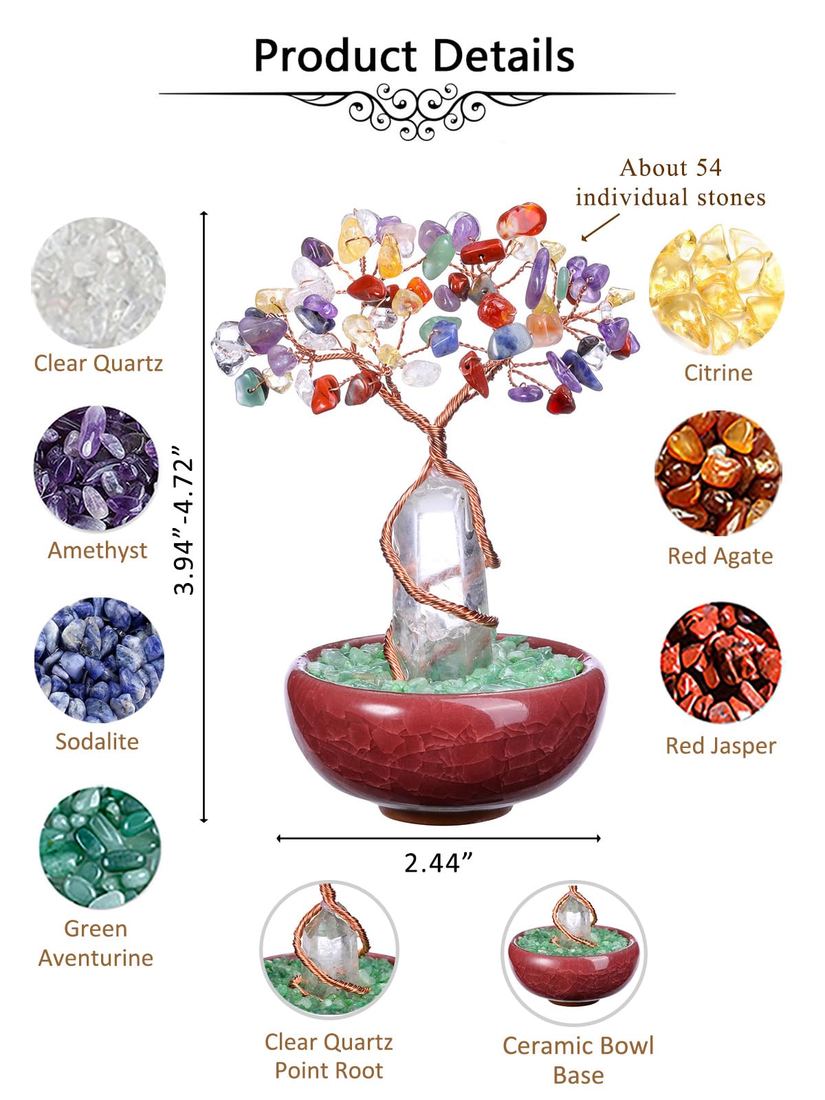 JOVIVI Albero della Vita Soprammobile in Pietra Naturale con Bacchetta di Cristallo Feng Shui Albero Portafortuna Torre Cristallo Curavito Reiki Guarigione Vaso Ceramica Decorazione Interni - 7 Chakra
