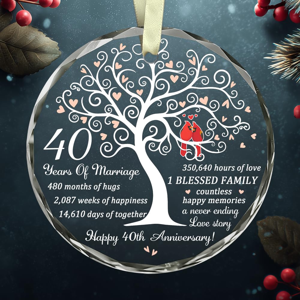 40th Wedding Gift for 40th Anniversary - Ruby Anniversary - 40 Years of Marrige Gift Idea for Couple - Happy 40th Anniversary Glass Ornaments - Gifts for Wife, Husband