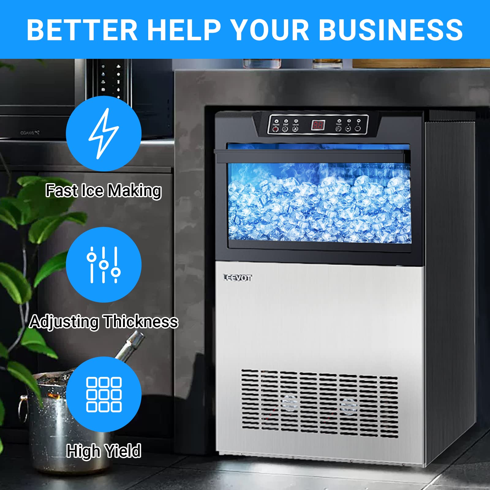 LEEVOT Profi Eiswürfelmaschine - Home Eismaschine 60kg in 24h, 480 Watt, Schaufel, Tube, LED, selbstreinigend, Blue-ray Desinfektion, ST Klimaklasse, Silber