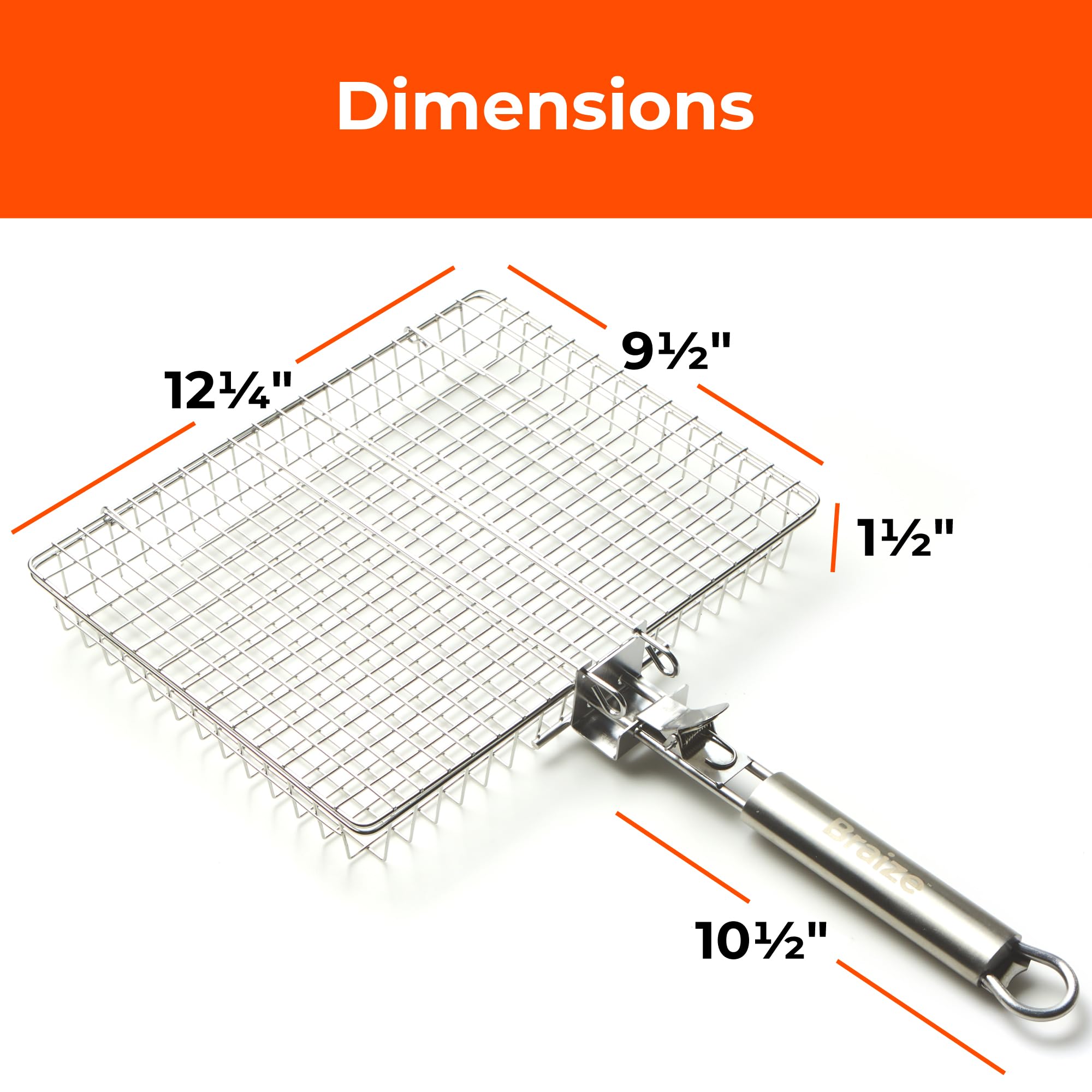 Großer Grillkorb aus Edelstahl mit abnehmbarem Griff - 31,8 x 24,1 x 3,8 cm BBQ Gemüsekorb mit leicht zu öffnendem Deckel, Silikon-Backpinsel & Scheuerschwamm - Outdoor-Koch- & Camping-Zubehör