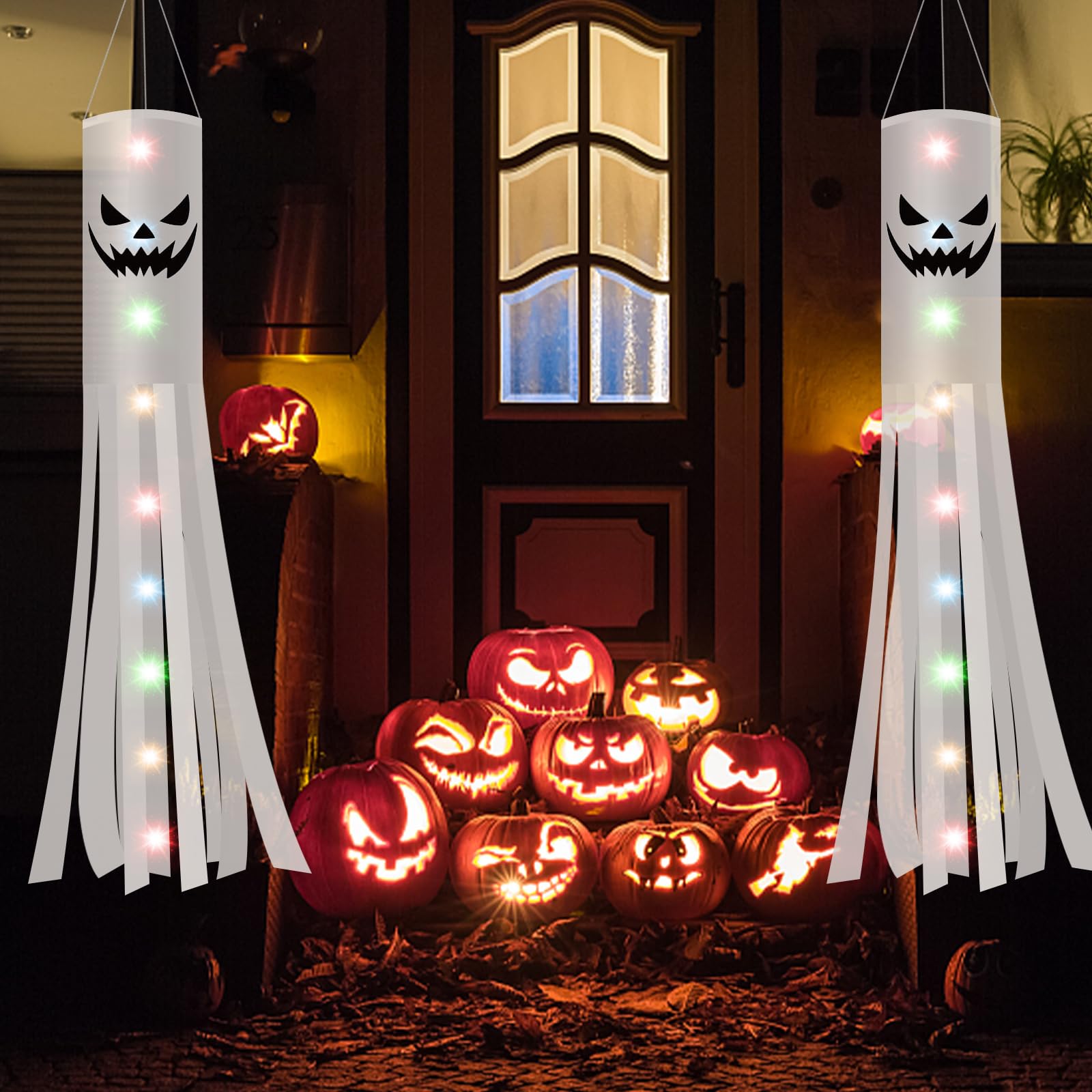 Jsdoin White 180Cm Halloween Ghost Windsocks Flag With 2M Led Colorful Lights 2 Pcs, Hanging Halloween Ghost Decoration Outdoor, Flag Wind Socks Décor For Yard Garden Door Lawn Dead Tree Party Supplies