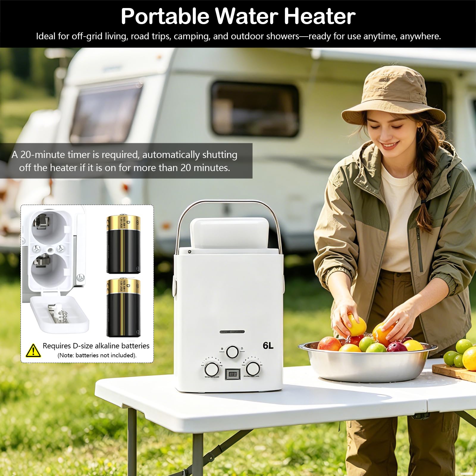 Durchlauferhitzer 6l, 12KW Durchlauferhitzer Gas Tragbarer Wohnmobil Camping Mobiler Warmwassergerät mit Griff und Duschkopf für Außendusche Garten Camping Dusche Caravan 40x30x13cm