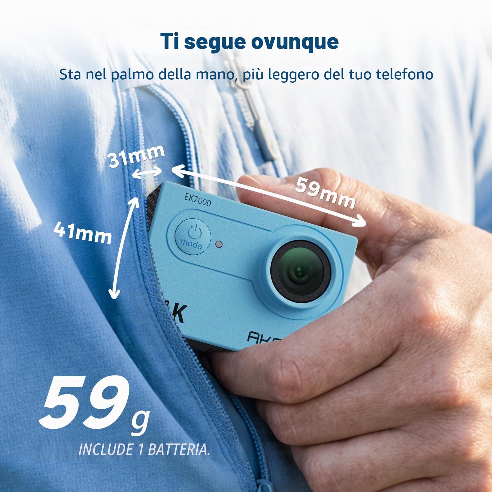 AKASO EK7000 Action Cam 4K 30FPS, WiFi 20MP Fotocamera Subacquea 30M, Videocamera Stabilizzata Caricabatterie con 2 Batterie Angolo di 170° Telecomando 2.4G e Kit Accesorios Multiples (Blu)
