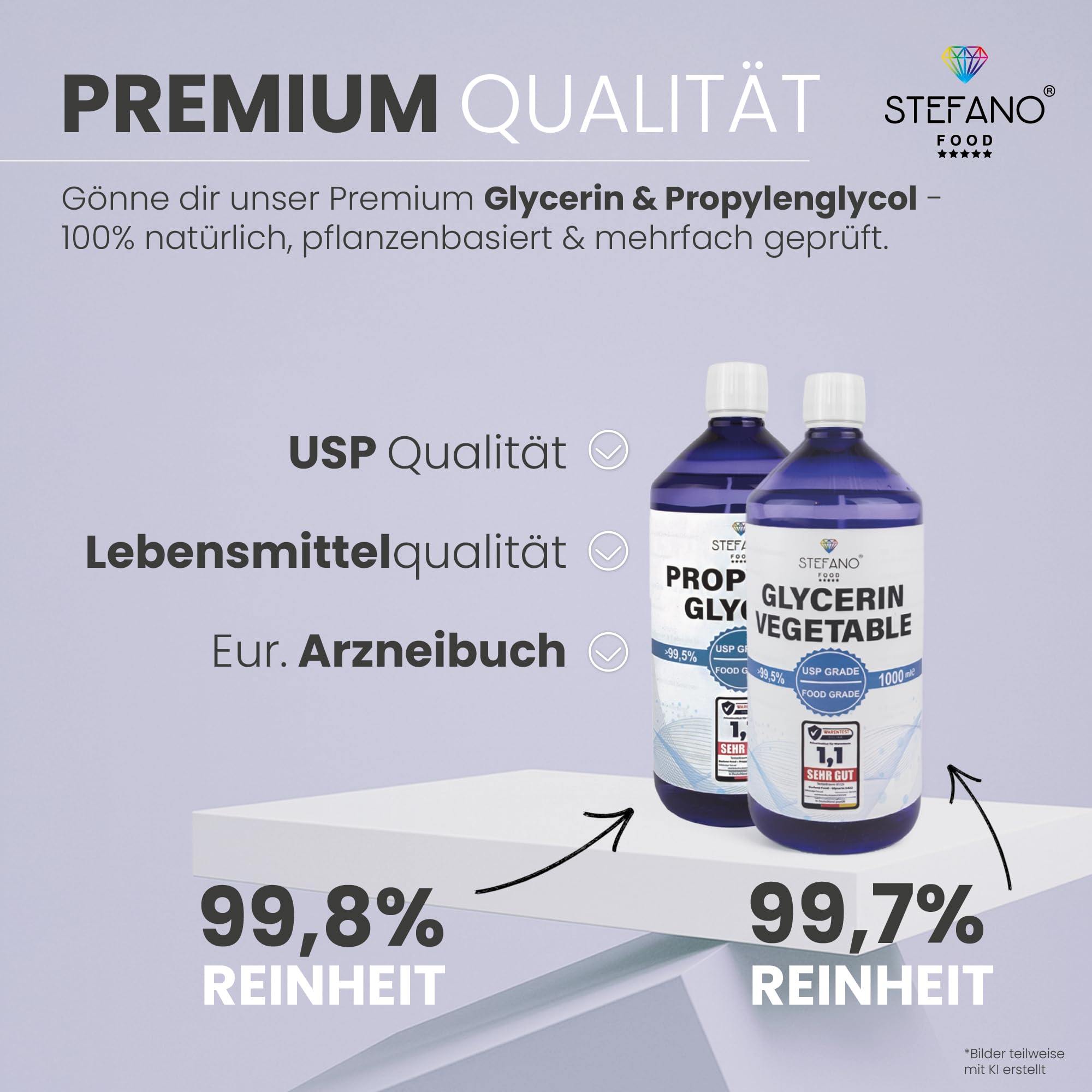 Glycerin (VG) 99,7% + Propylenglycol (PG) 99,8% - 2x1000ml flüssig [Set] - 100% Pflanzenbasiert - USP & Lebensmittelqualität - E422+E1520 - Flasche versiegelt mit Sicherheitsverschluß