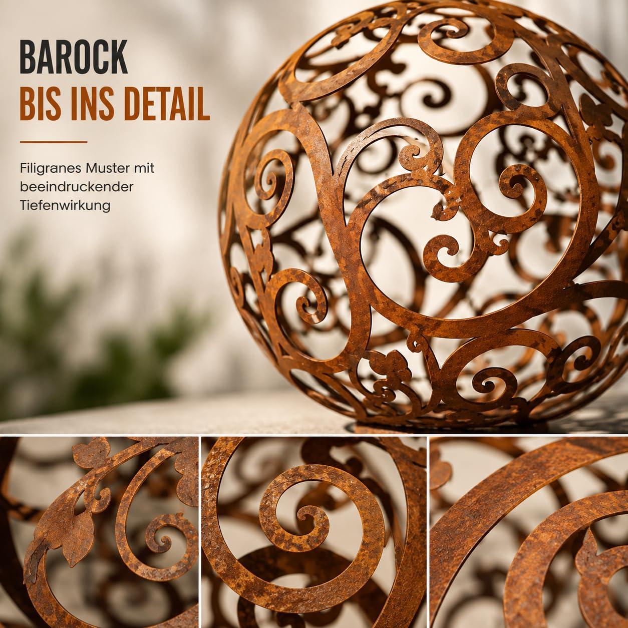 Terma Rost Kugel 40 cm Barock filigran Handmade Germany Gartenfigur groß Metallfigur edelrost Garten Deko Outdoor deko Metall Kugeln Vintage gartendeko rostoptik dekokugel gartenkugel