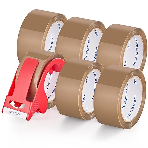 JARLINK 6 rollos de cinta de embalaje marrón con dispensador, repuestos de cinta de embalaje resistente para envíos de envíos de envío, 2.6 mil de