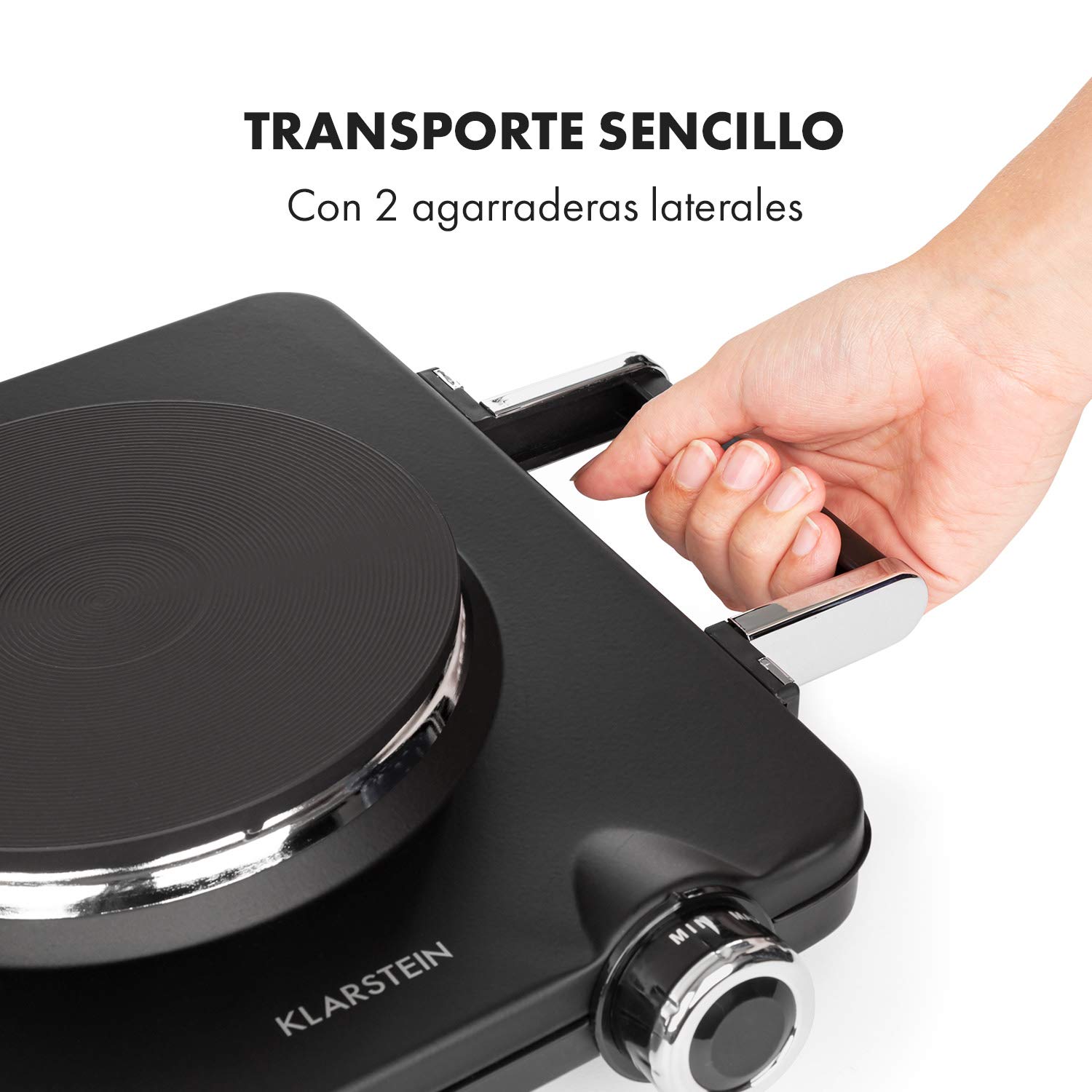 Klarstein Cookorama placa de cocina eléctrica doble - 2250 W, fogones de cocina de 150/180 mm Ø, luces de control, asas, 5 niveles de calor, placas de cocina para camping, negro