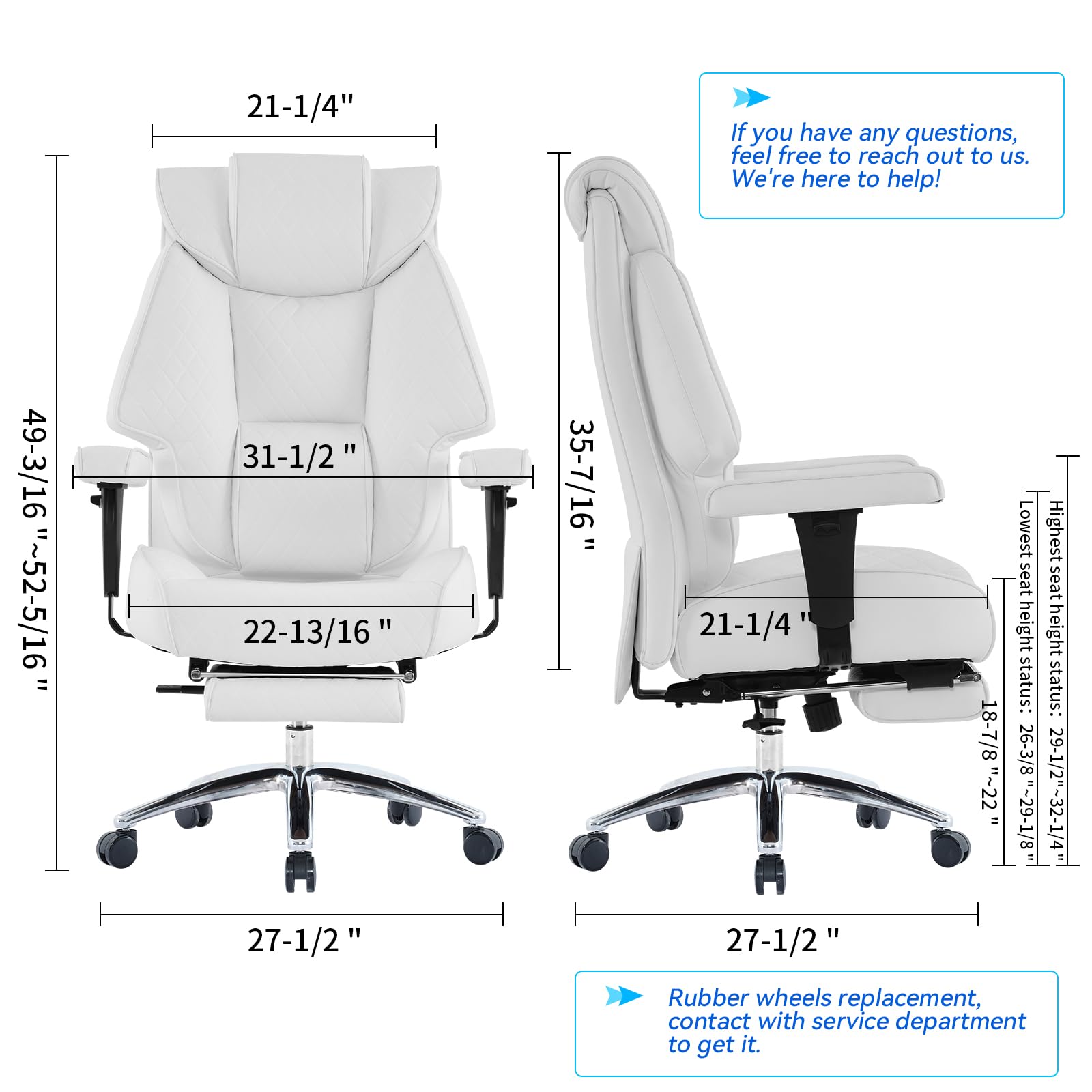 EXCEBET Big and Tall Office Chair with Footrest, PU Leather High Back Executive Office Chair 400lbs, Ergonomic Computer Chairs Lumbar Support for Heavy People (White) - 3