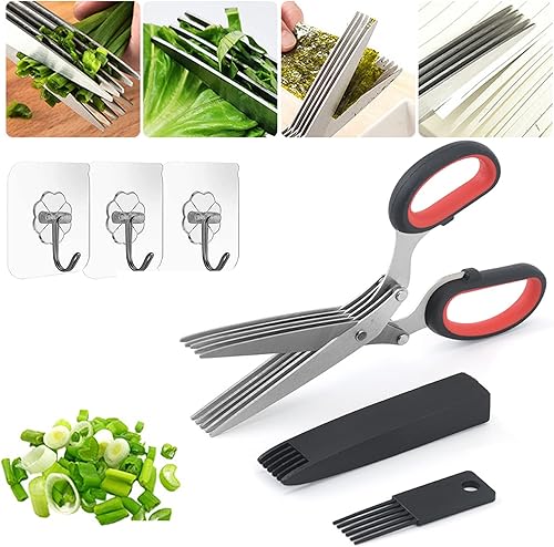 Glorihoby - Tijeras de cocina de 5 cuchillas, herramienta de corte de verduras de acero inoxidable multicapa con tapa y peine de limpieza para