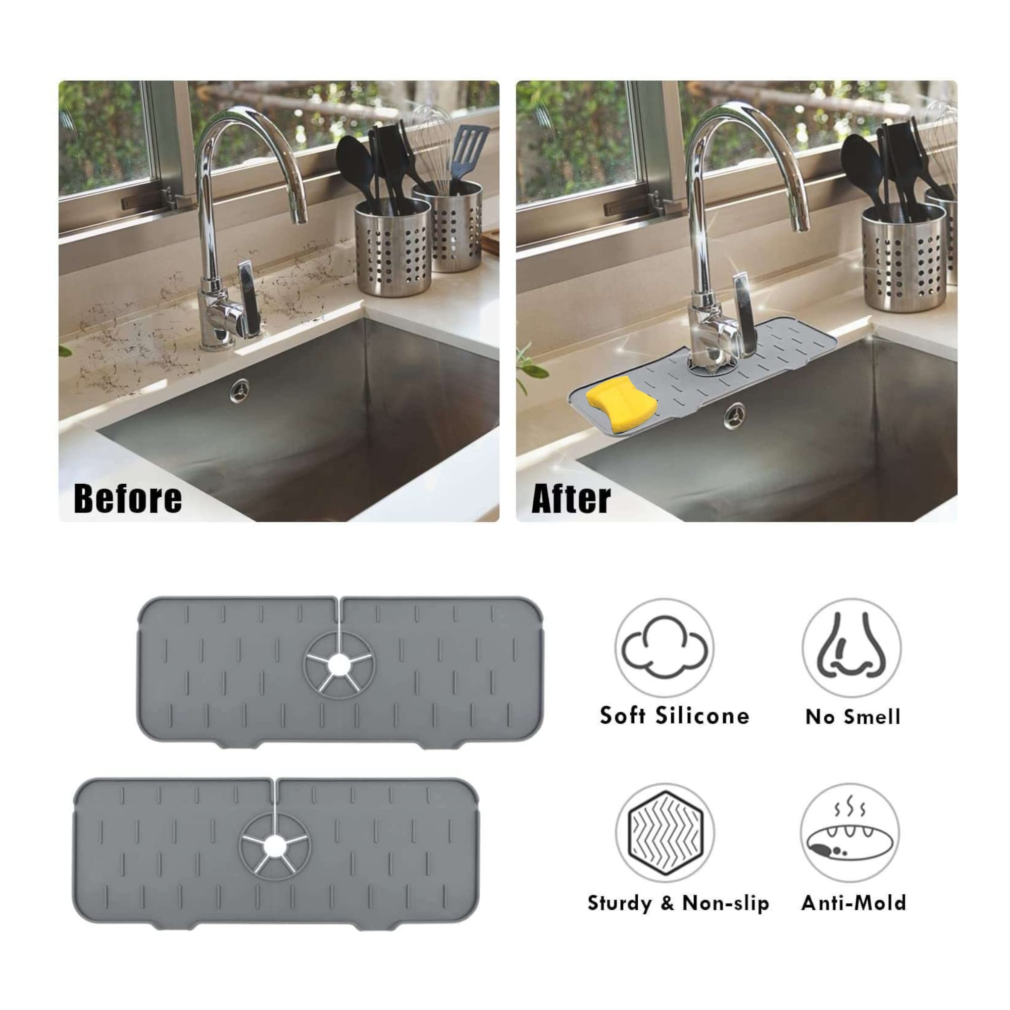 Silicone Faucet Mat Drip Catcher, Silicone Dish Soap Sponge Holder for Sink, Gray