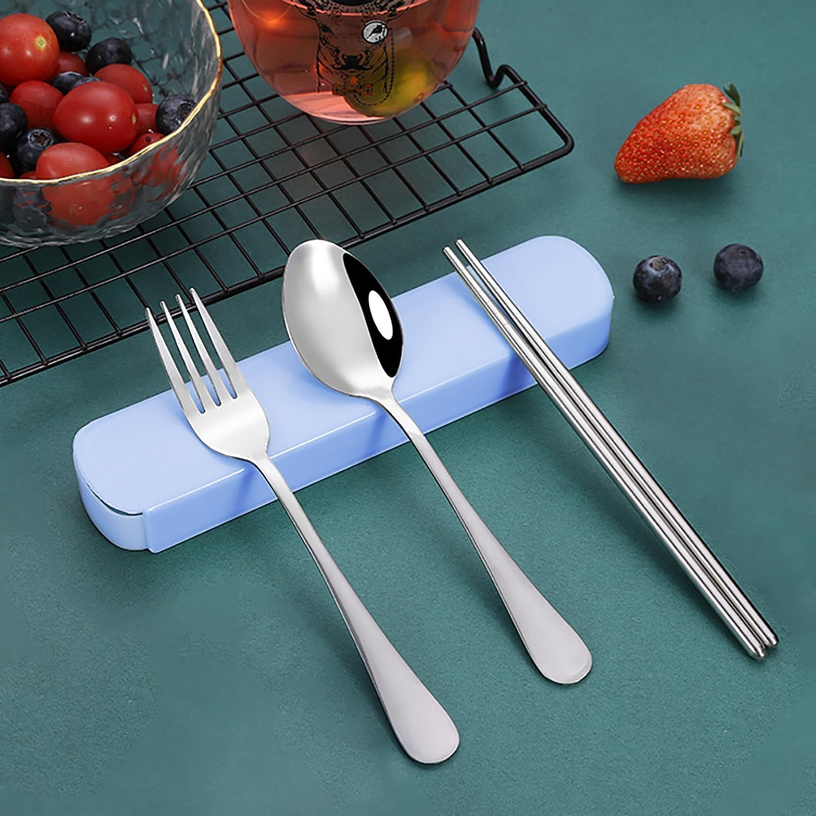 Travel Utensils with Case, Portable Flatware Set for Work, Stainless Steel Reusable Travel Cutlery Set, Fork and Spoon Set for Camping, Gadgets, Lunch Box for Men&Woman, Blue