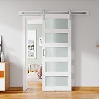 Vista 12 de Puerta de granero de vidrio de 28'' x 84'' y kit de herrajes de níquel cepillado de 5 pies incluido, losa de puerta de granero blanca de MDF