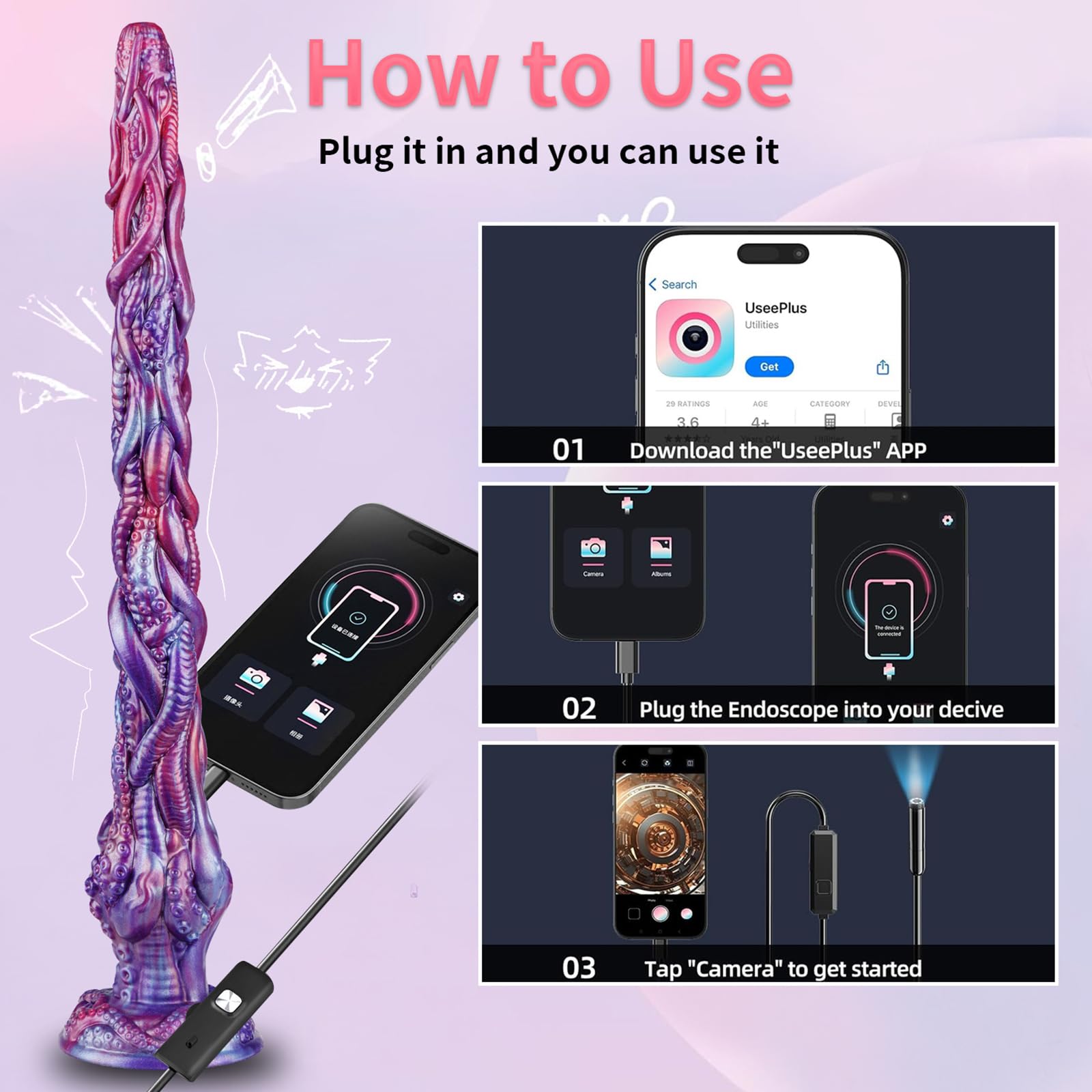 Amazon.com: 19.9in Smart Endoscope butt plugs sex toys Tentacle knot dildo anal  plug Equipped1080P HD Camera Adjustable LED Light Waterproof Safe Soft  Silicone buttplug Personal Exploration Couple play (Colorful) : Health &