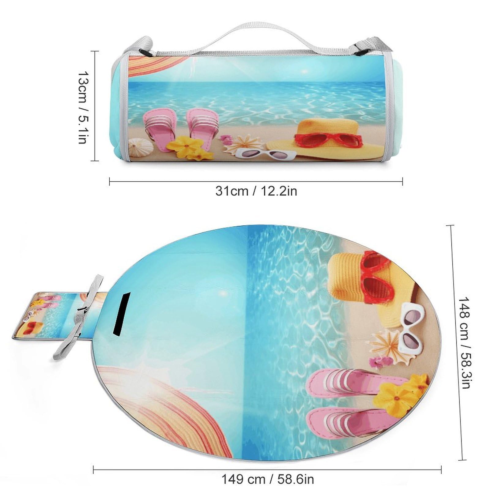 Coperte da picnic per vacanze estive, rotonde, pieghevoli, leggere, coperte da spiaggia impermeabili, coperta da esterno per primavera, estate, campeggio, parco, erba da viaggio