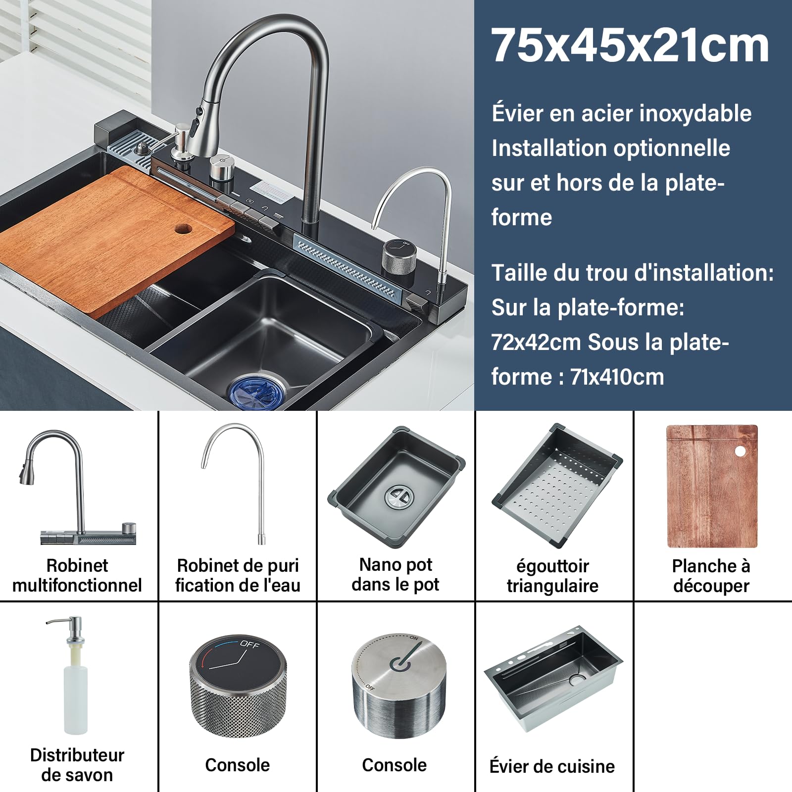 Évier de cuisine en acier inoxydable Évier de cuisine à cascade Évier multifonctionnel à affichage numérique avec nouveau robinet à double mode et accessoires multiples