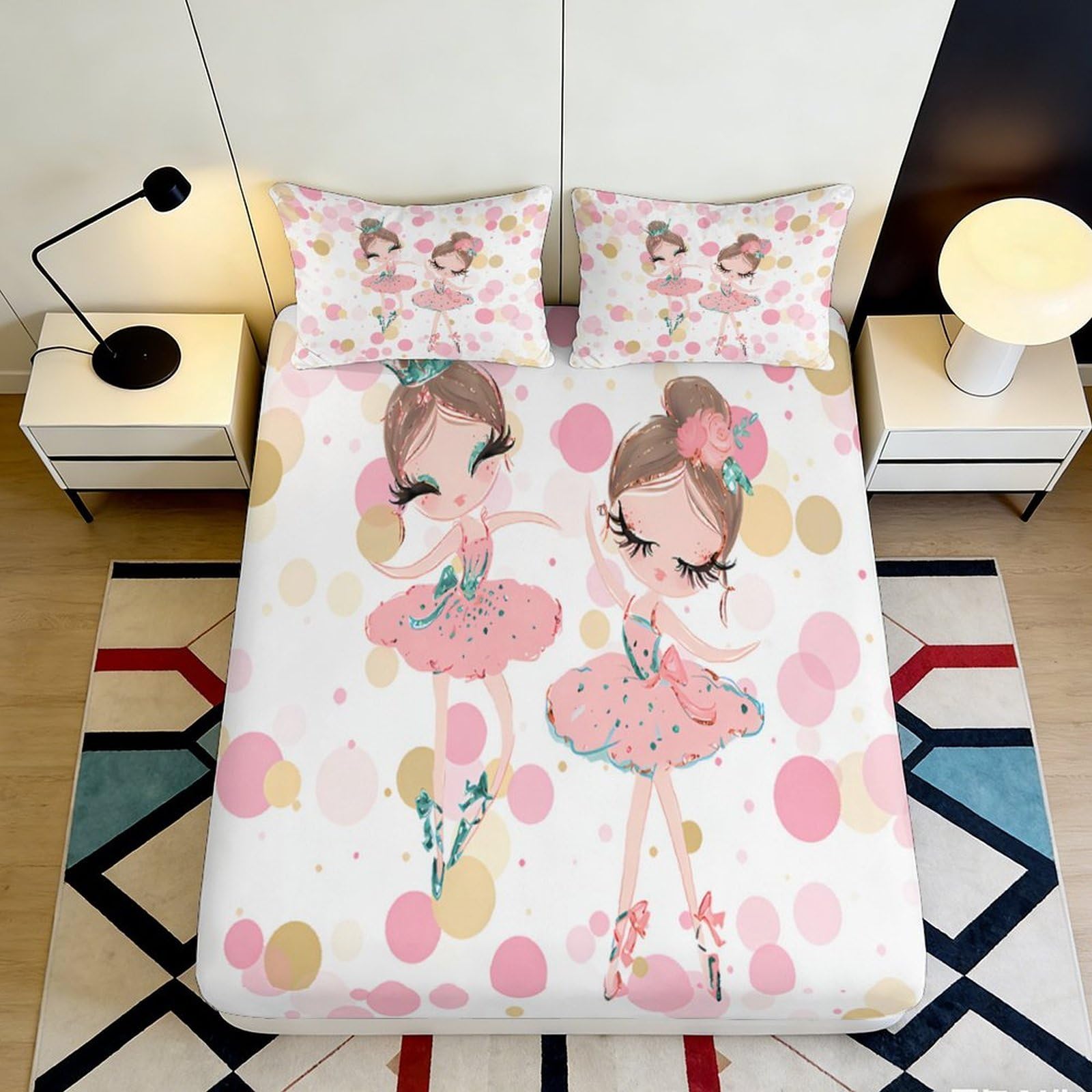3D Printed Ballet Girl Fitted Sheet Microfiber Soft Pink Cartoon Mattress Cover for Bedroom Guestroom Decor 90x200x25cm