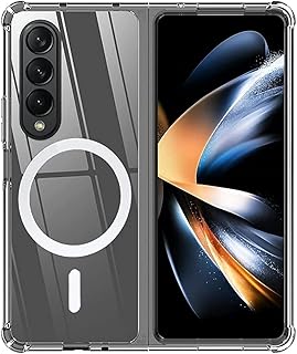 جراب حماية شفاف مغناطيسي مضاد للصدمات والسقوط مع حافظة كروت يدعم الشحن اللاسلكي وخاصية الشحن ماج سيف متوافق مع موبايل سامسونج جالاكسي زد فولد 4 شبكة الجيل الخامس 5G من ملبوس