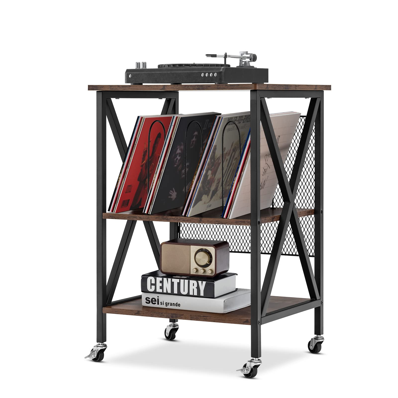 GYMAX Mobiletto Divano Laterale Stretto, 3 Livelli, con Mensole per Dischi in Vinile con 3 Divisori a Forma di M e 4 Ruote, 52 x 45 x 75 cm, Marrone Rustico