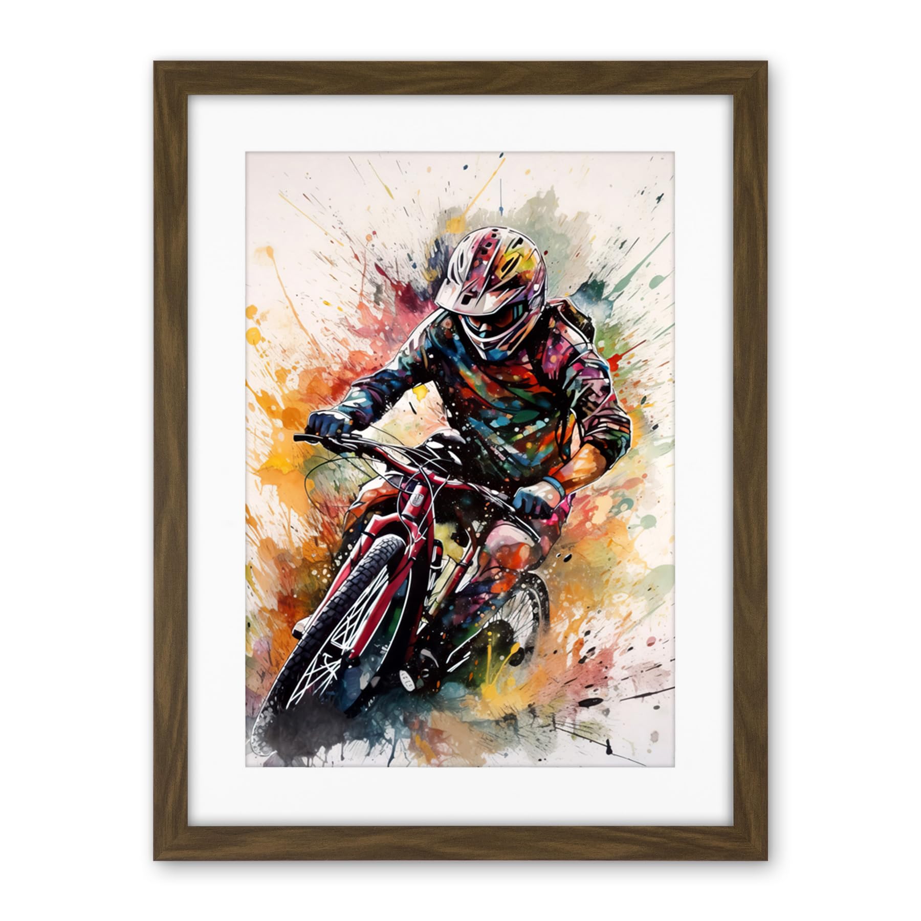 Artery8 Mountain Biker Action Shot Paint Splat Portrait Artwork Framed Wall Art Print 18X24 Inch