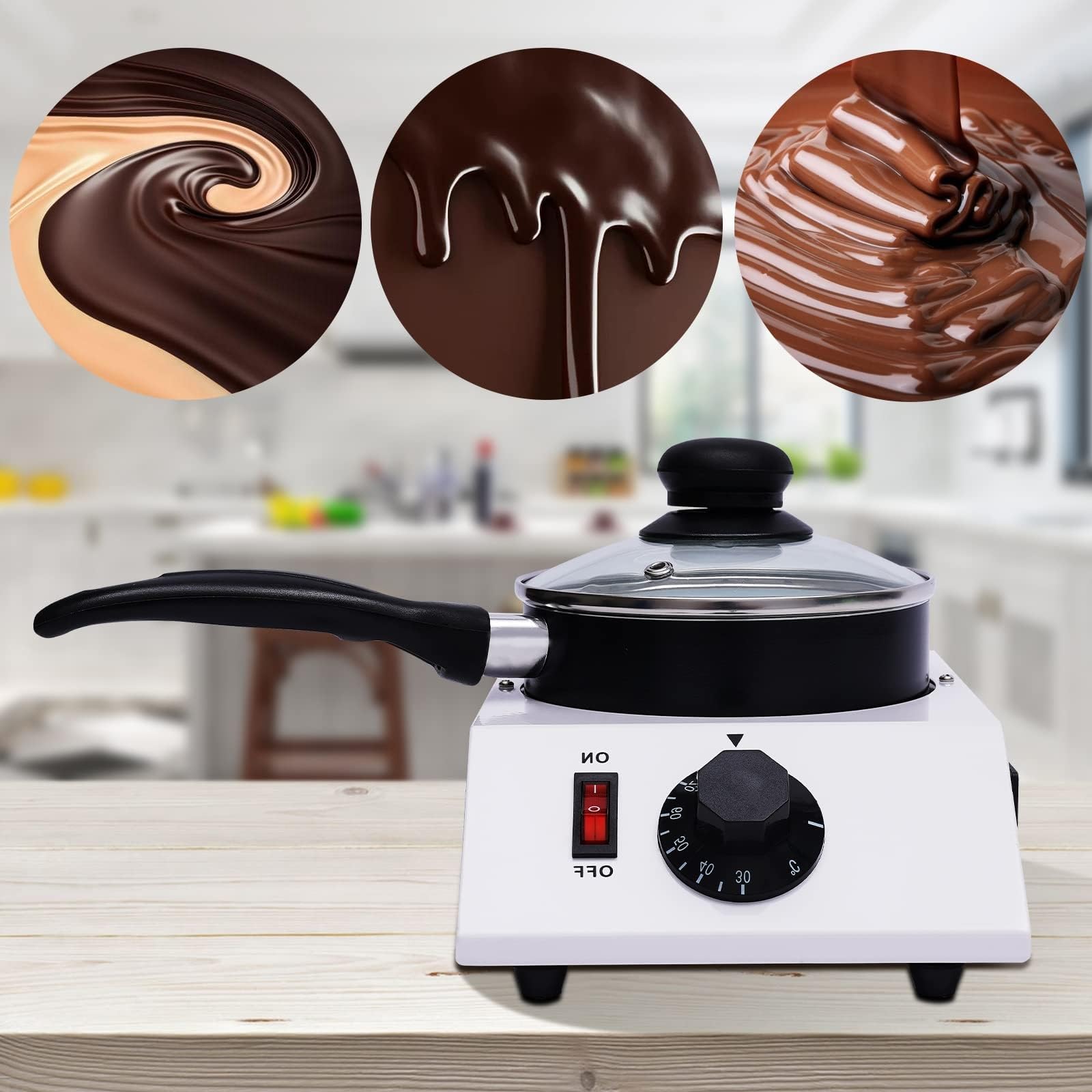 Machine à Tempérer & Fondre le Chocolat 40W, Fondu Électrique de Bureau 30-85°C Marmite Aluminium Anti-adhésive avec Couvercle & Poignée pour Pâtisserie Maison, Café & Traiteur