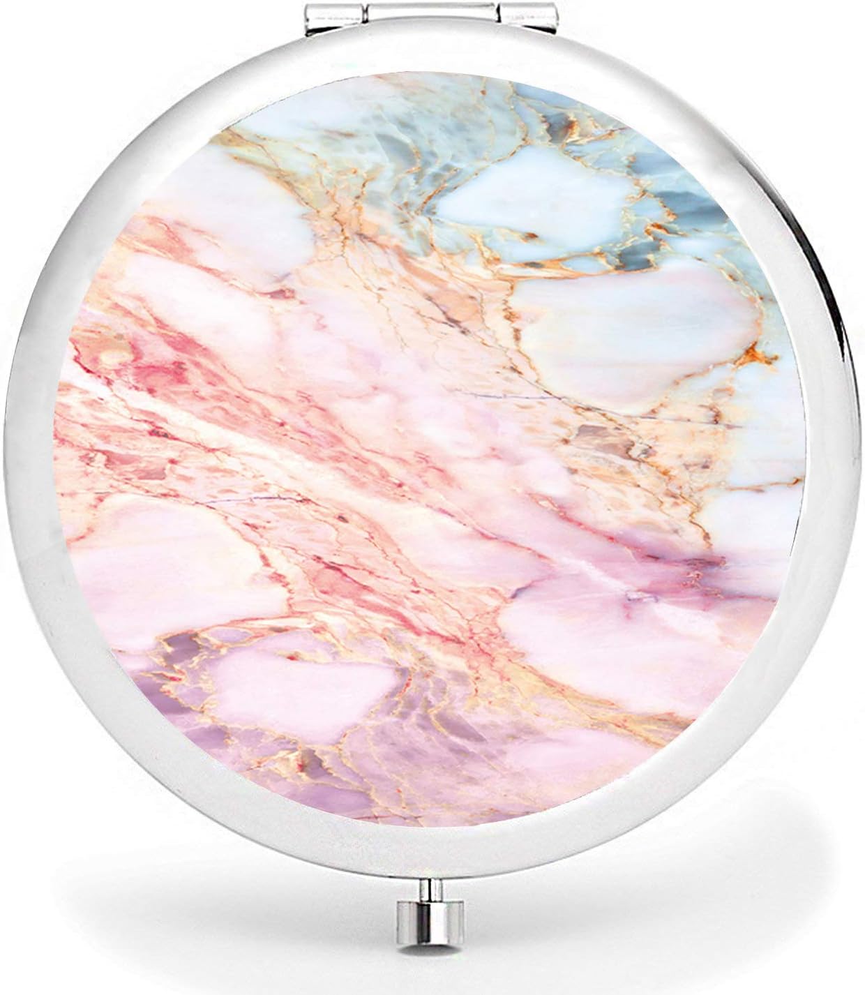 Metal Compact Mirror, 2-Sided with 2X and 1X Magnifying Handheld Makeup Mirror - Perfect for Purse Pocket Travel - Pink Gold Marble
