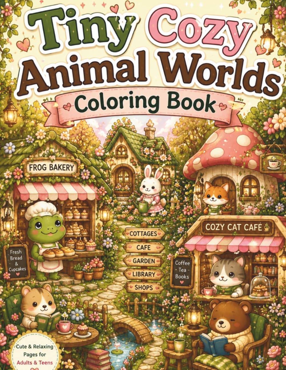 Tiny Cozy Animal Worlds Coloring Book: Cute and Easy Coloring Pages with Adorable Animals, Cozy Cottages, Little Cafes, Magical Villages and Relaxing Scenes for Adults and Teens