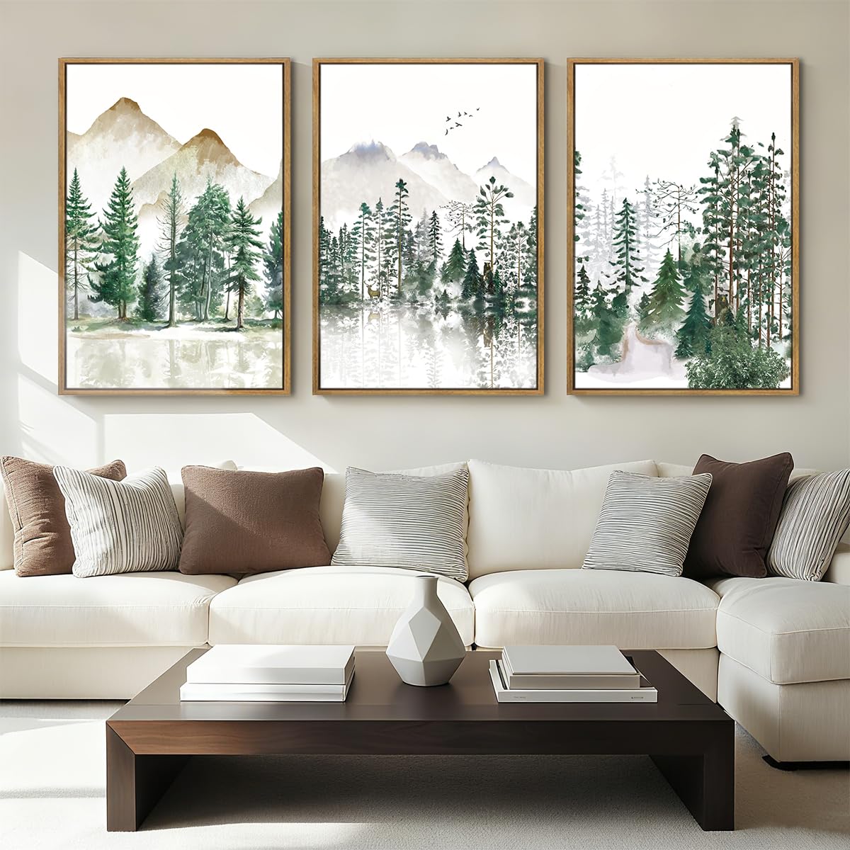 ANHUIB Large Framed Mountain Wall Art Watercolor Forest Landscape Painting Green Nature Prints Art Rustic Wall Decor Set of 3 for Living Room Bedroom