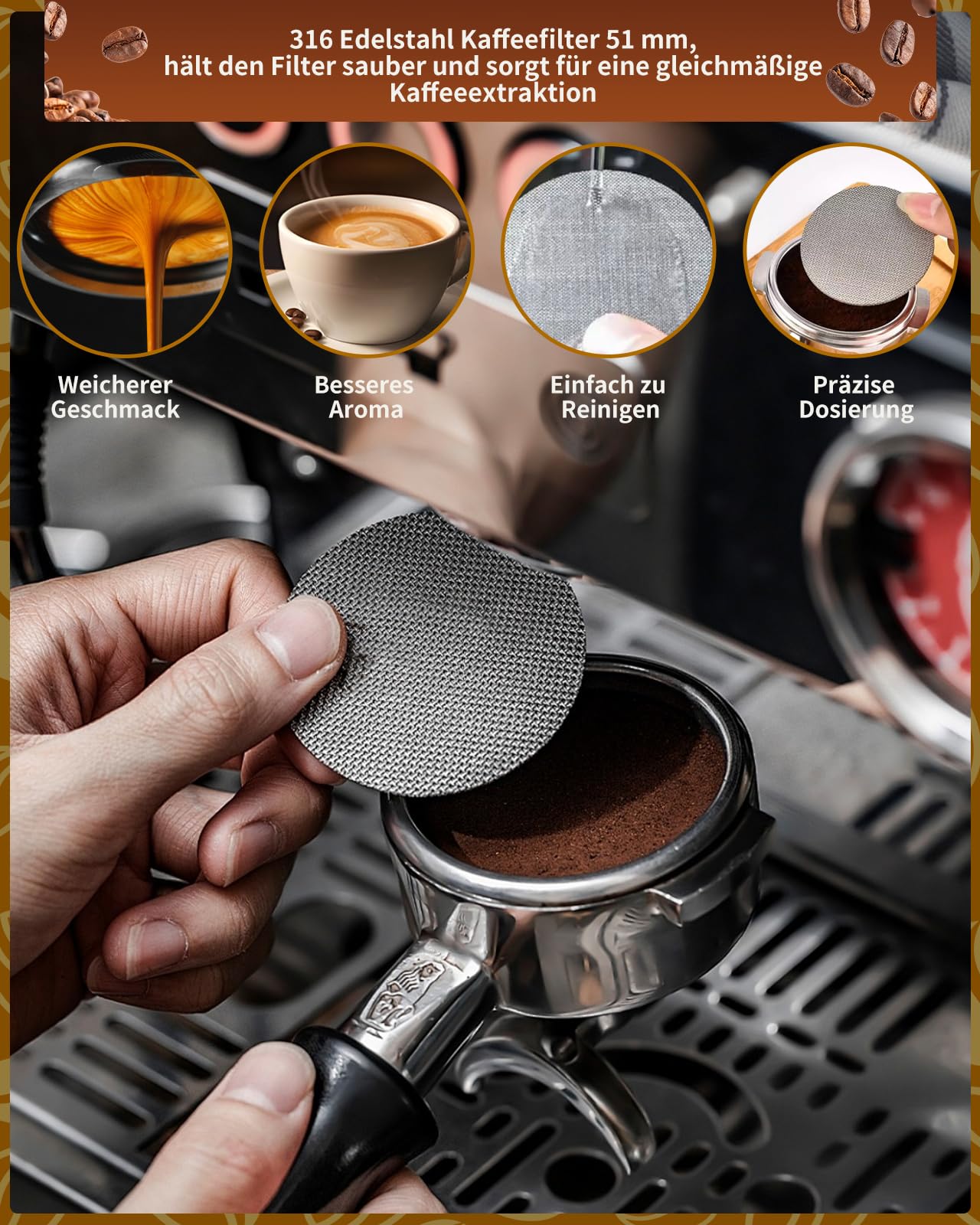 Akcesoria do sitka, 51 mm, dystrybutor kawy 51 mm, narzędzie do wyrównywania espresso, kompletny zestaw barista z narzędziem WDT, tamper, pierścieniem dozującym, krążkiem i szczotką do czyszczenia