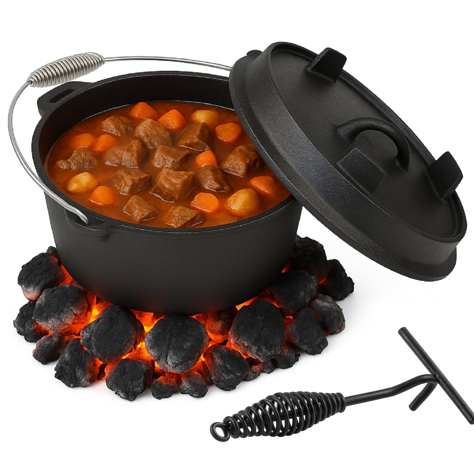 QLS Kociołek żeliwny Dutch Oven 6 L z pokrywą | Masywne żeliwo równomiernie trzyma ciepło. Do zup, gulaszy i duszenia na grillu, żarze lub ognisku