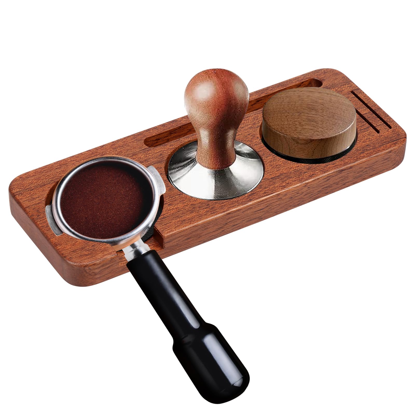 Ghshanog Brown Espresso Tamping Station,Wooden Coffee Tamper Mat, Coffee Tamper Holder Base With Tamping Holder,Distributor Slot For 51-58Mm Tampers Portafilters,Espresso Accessories For Baristas
