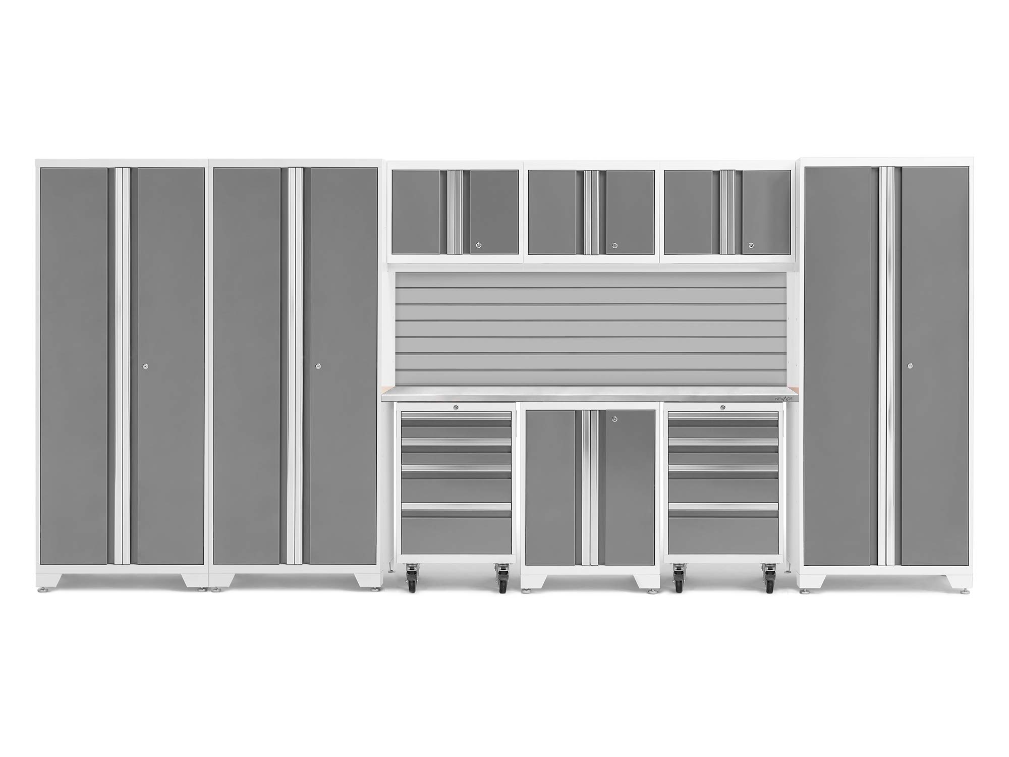 NewAge Products White Bold Series 10PC Garage Cabinetry Set · 24-Gauge Steel · Fully Welded · 162" W x 18" D x 76.75" H, 56981