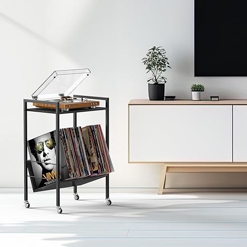 Miniatura 3 de NORCEESAN Soporte para tocadiscos con almacenamiento de discos de 2 niveles, soporte de reproductor de discos de vinilo de 2 niveles, mesa auxiliar