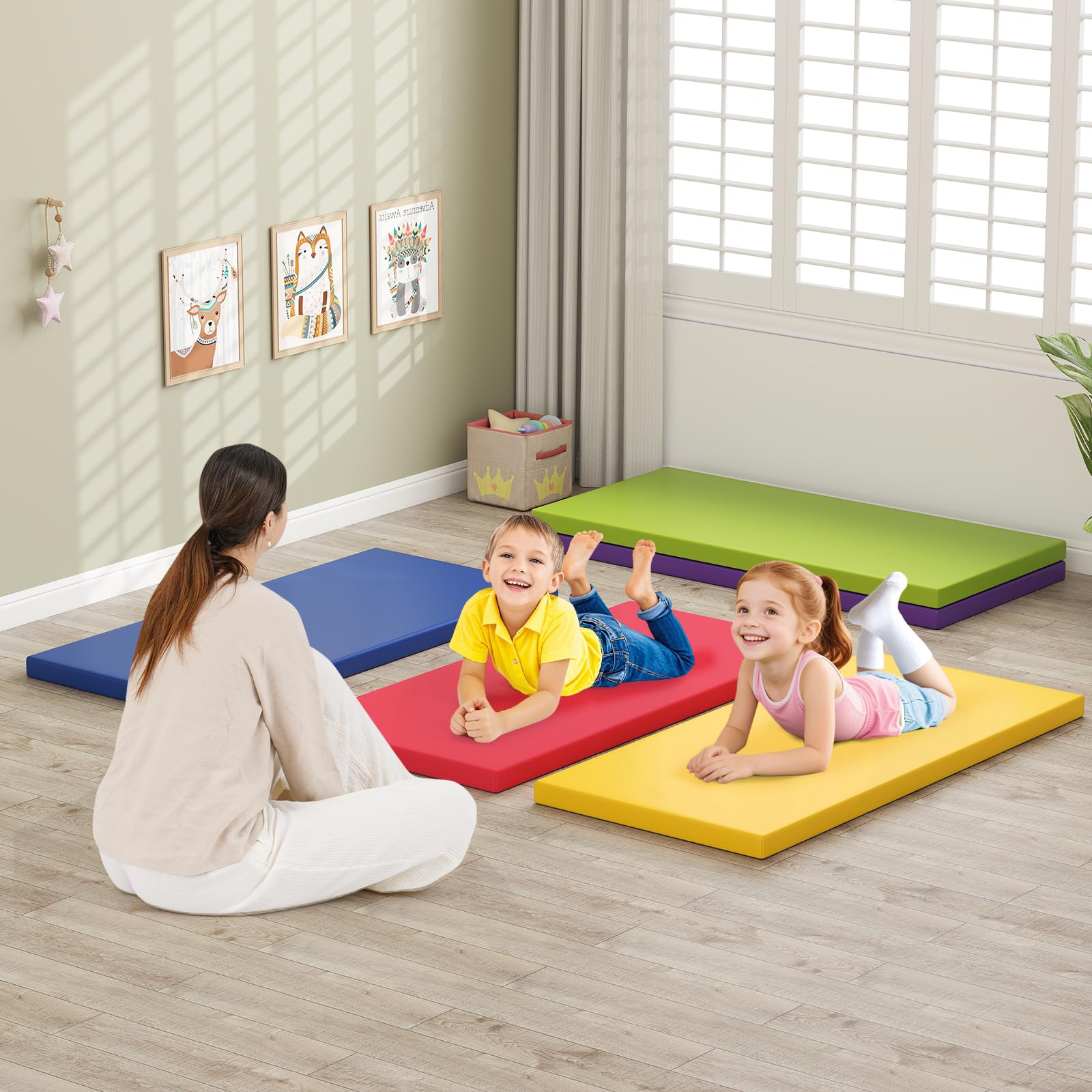 COSTWAY 5 er Set Turnmatte Kinder, 120 x 60cm Weichbodenmatte bunt, Gymnastikmatte aus Kunstleder, tragbar & Stapelbar, Sportmatte Kindermatratze für Zuhause, Kindergarten