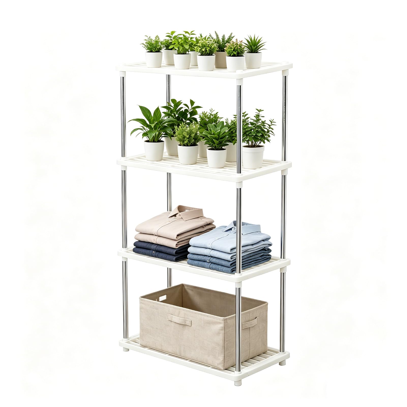 BREEZENEST 4 Tier Plastic Shelving Unit 80x40x20cm Storage Shelf Modern Standing Storage Rack with Stainless Steel Poles and Hollow Hole Design for Kitchen Living Room Bathroom Bedroom White