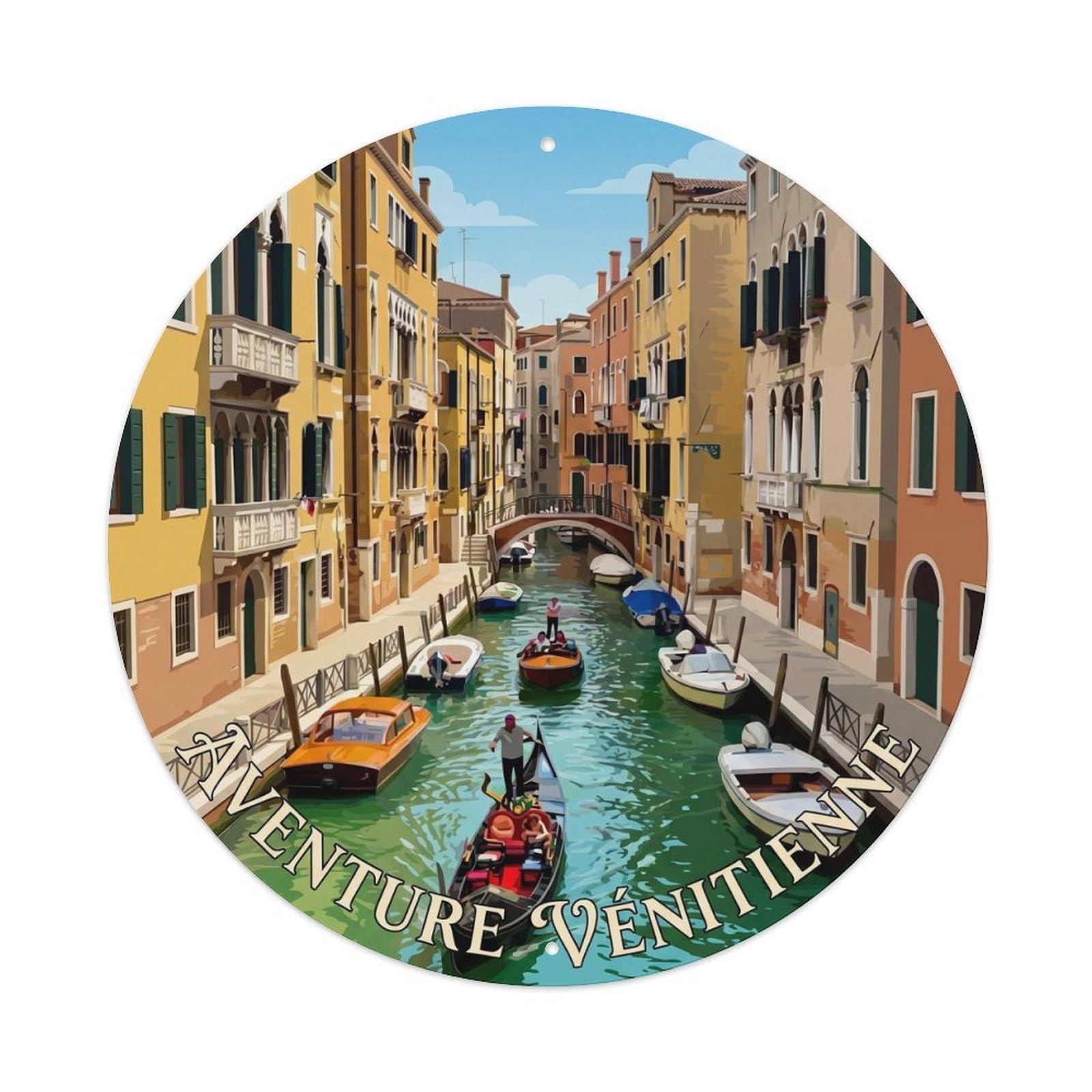 Venice Waterway Gondola Vintage Italian Canal Travel Retro Metal Tin Sign Plaque Wall Decor for Cafe, Man Cave, Club Bar, Office, Home Garden Round Metal Poster 8x8Inch