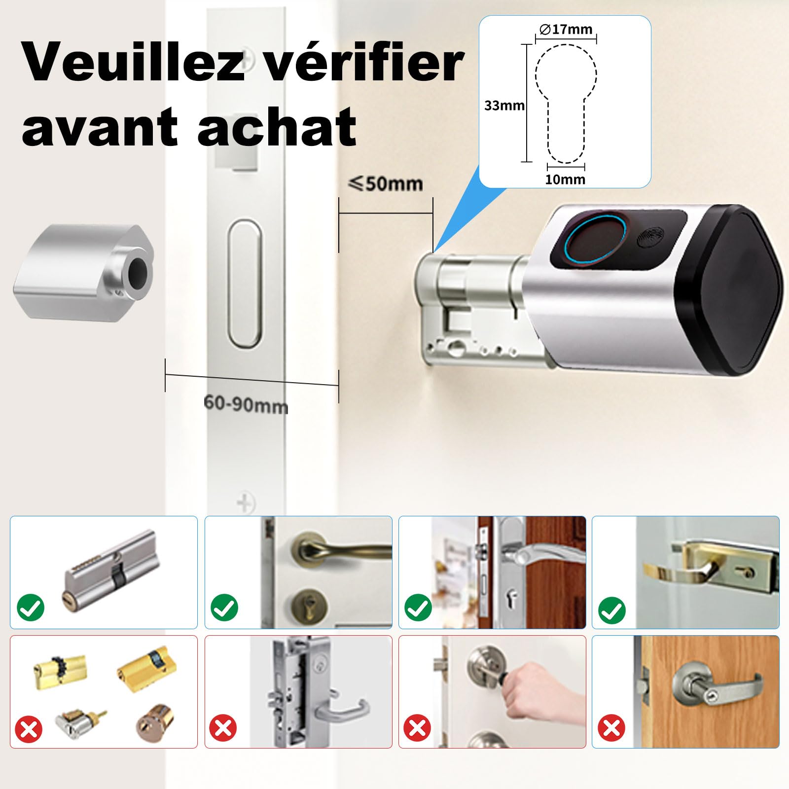 Serrure connectée, serrure électronique à empreinte digitale, longueur réglable Smart Lock, serrure électronique avec carte RFID, application, WiFi, Bluetooth, 60–90mm, accessoires de rallonge, argent