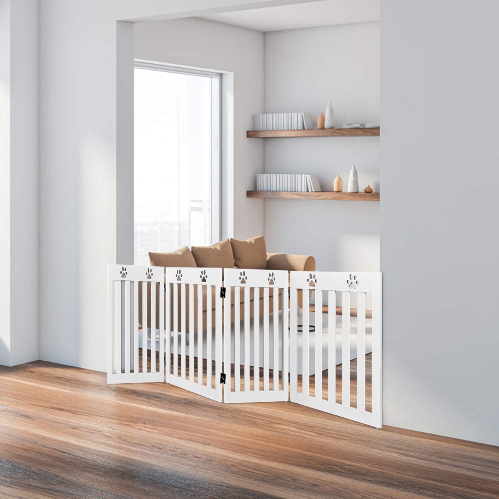 GYMAX Cancelletto di Sicurezza a 3/4 Pannelli, Barriera Pieghevole con Cerniere Girevoli a 360° e Piedini Antiscivolo, Recinto per Porte e Scale per Animali e Bambini (Bianco, 4 Pannelli)