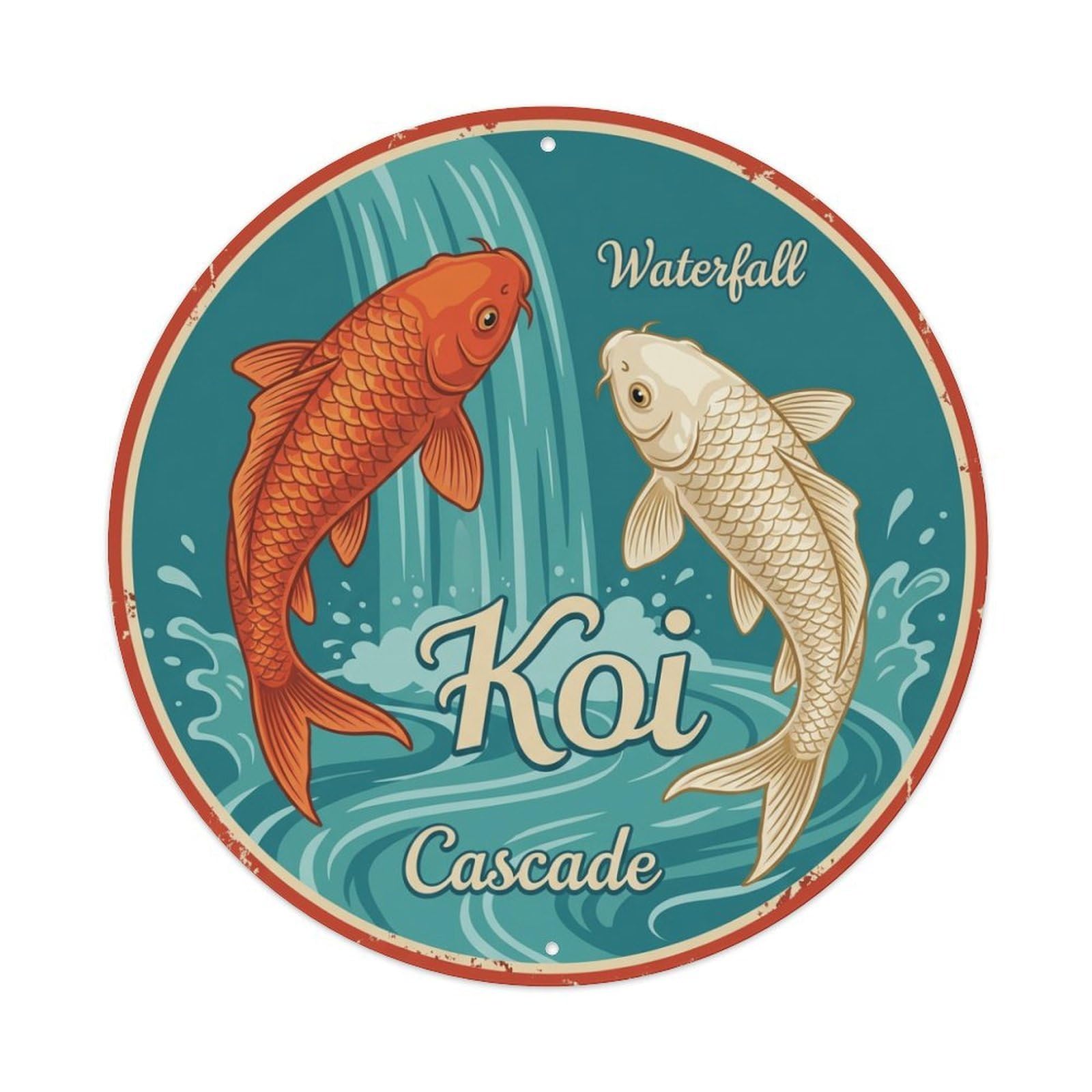 Koi Fish Waterfall Cascade Waters Flowing Stream Rapids Metal Tin Sign
