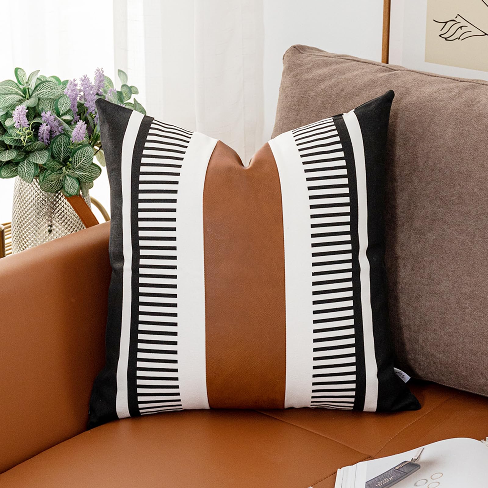 Vfuty Farmhouse Throw Pillow Covers for Couch Sofa Decorative Faux Leather Square Cushion Cover Tribal Stripe Accent Pillow Case 20 x 20 Inch, Black