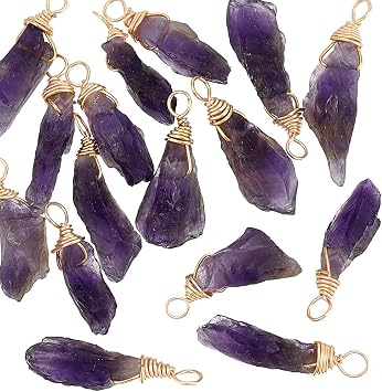 FINGERINSPIRE 16pcs About 28mm Natural Amethyst Pendant Bulk Irregular Amethyst Charms Raw Amethyst Copper Wire Wrapped Pendants Natural Stone Healing Crystal Gemstone Charm for Jewelry Making