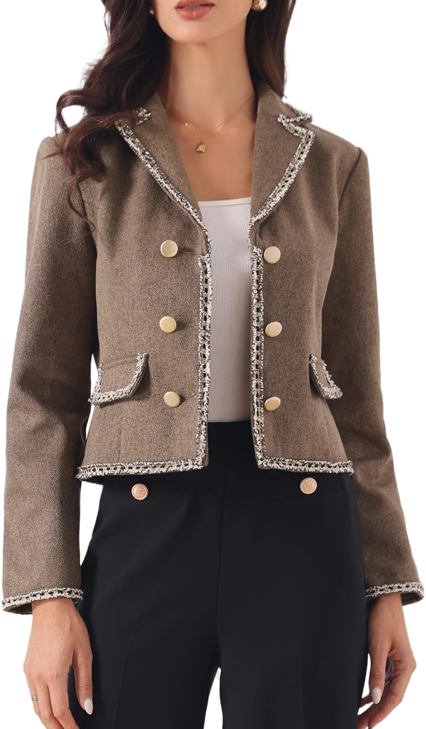 Allegra K Dressy Casual Tweed Jacket for Women's Elegant Double Breasted Long Sleeve Cropped Blazer